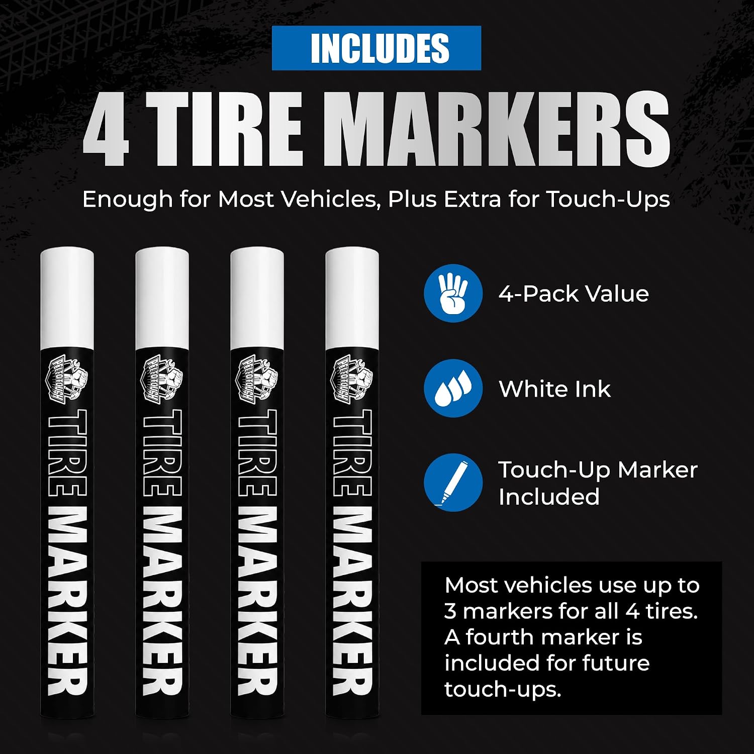 Pelto White Paint Tire Marker For Tire Lettering 4-Pack, Permanent Tire Pen | Permanent Tire Paint Pens with Weatherproof Ink Designed to Last on Car Tires and Many Other Materials