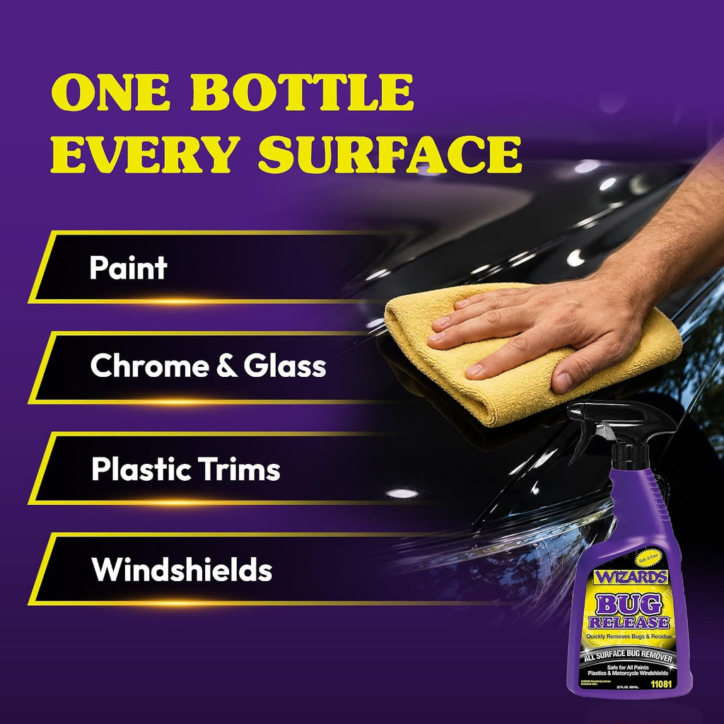 Wizards Bug Release - All Surface Bug Remover and Wash for All Vehicles - Softens and Neutralizes Acidic Bug Protein - Doubles as Spot Cleaner and Pre-Soak Car Cleaner - 22 Fl Oz
