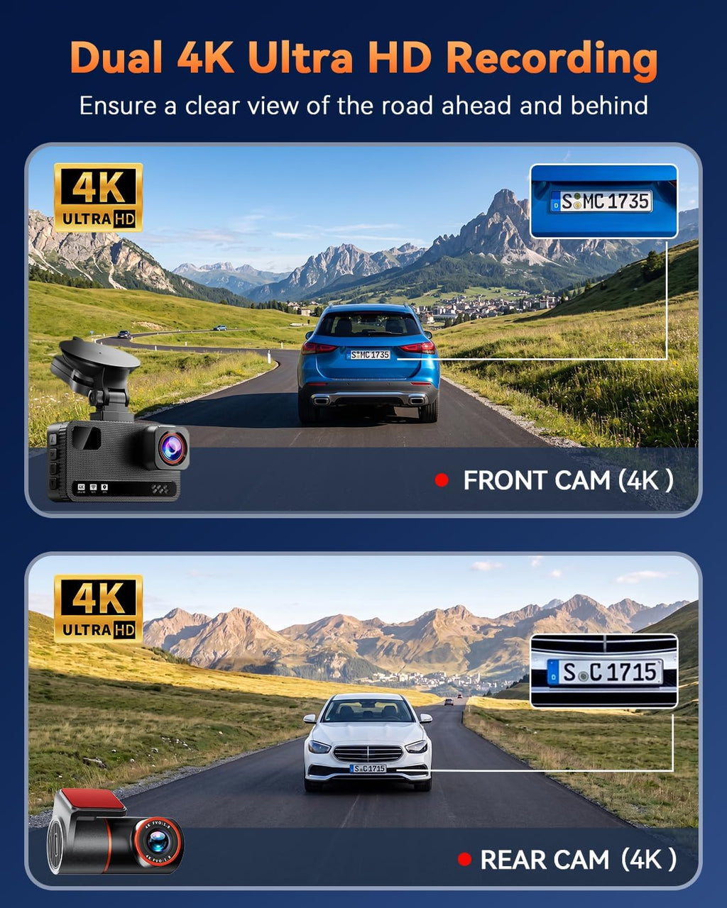 4k+4k dual dash cam front and rear, free shown in use