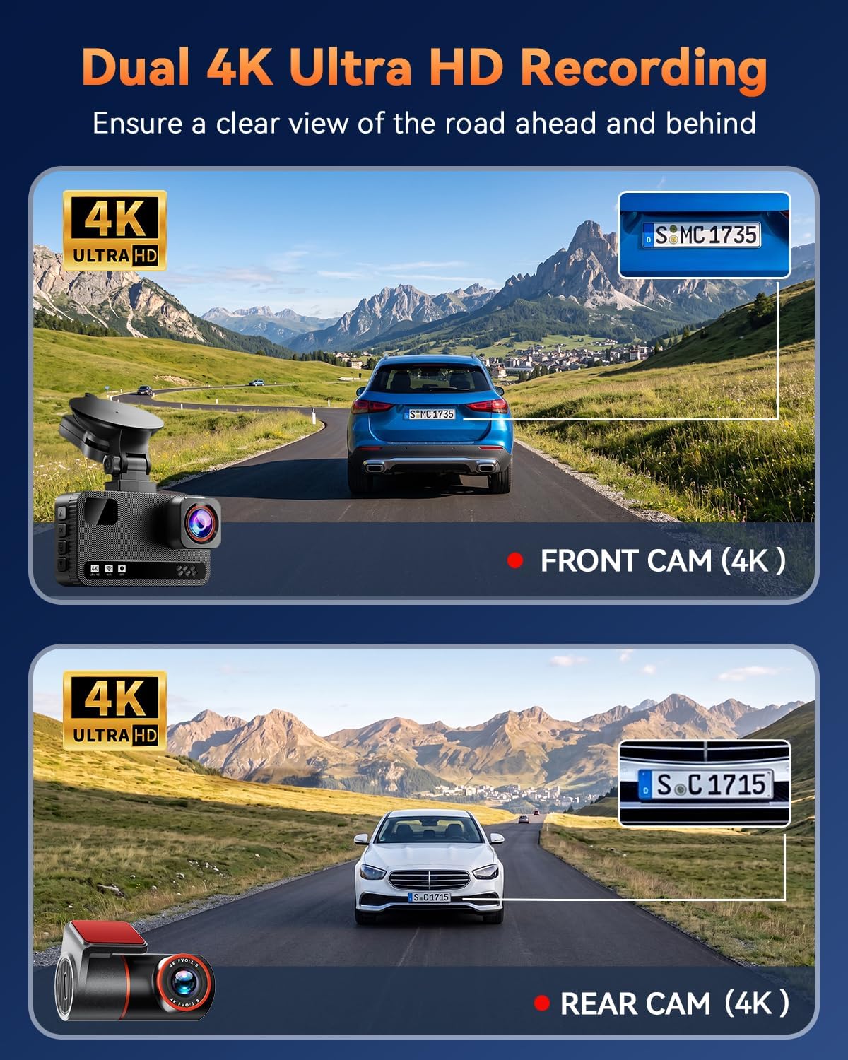 4k+4k dual dash cam front and rear, free shown in use