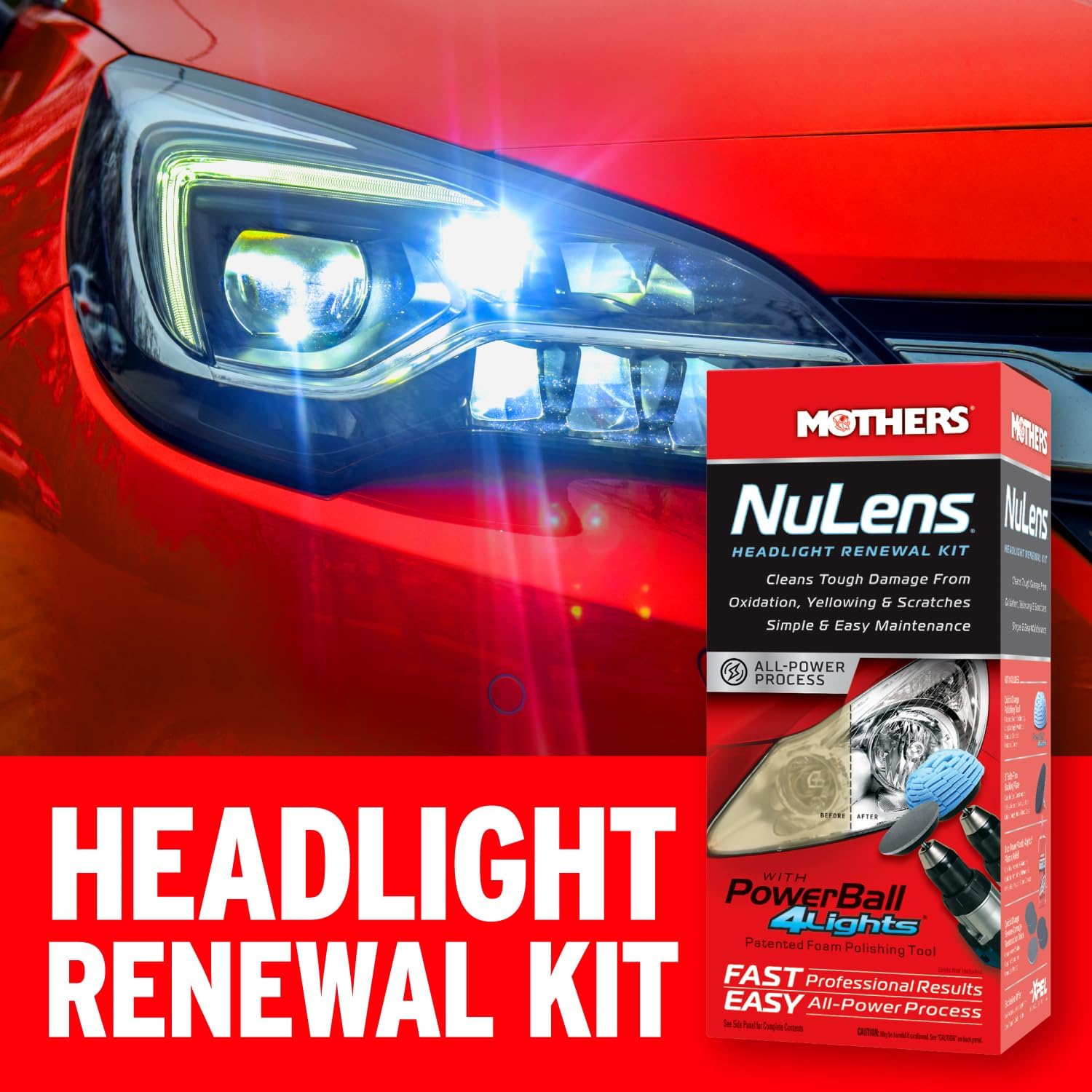 Mothers NuLens Headlight Renewal Kit (07251) | Quickly Restores & Maintains Clarity on All Headlight Types, PowerPlastic 4Lights Polish, Oxidation-Inhibiting Polymers