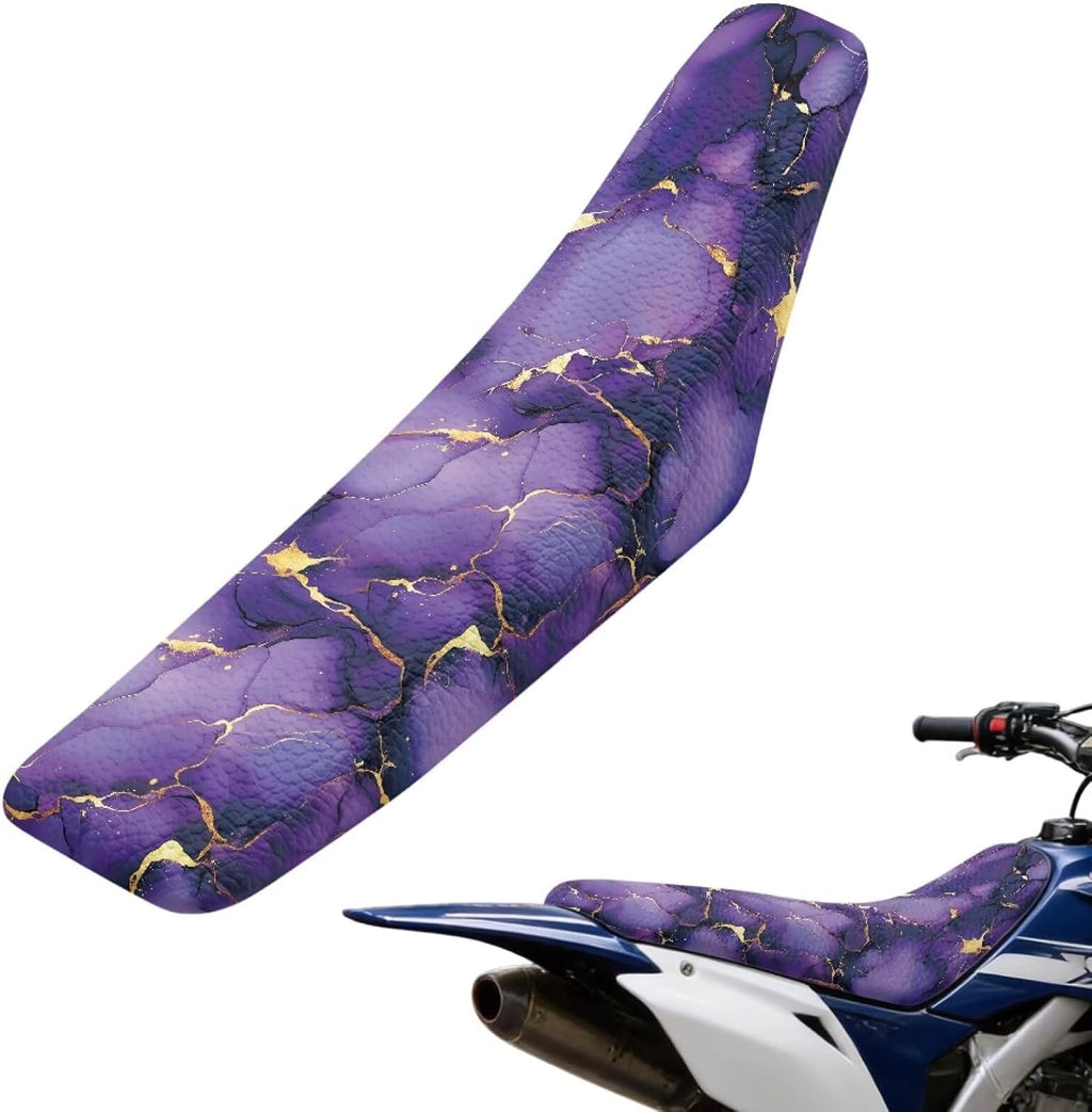 Dirt Bike Seat Cover 1 Piece Leather Motorcycle Seat Cover Anti-Scratch Easy to Clean for E Dirt Pit Bike Ebike Motocross Motorcycle Enduro, Purple Gold Marble