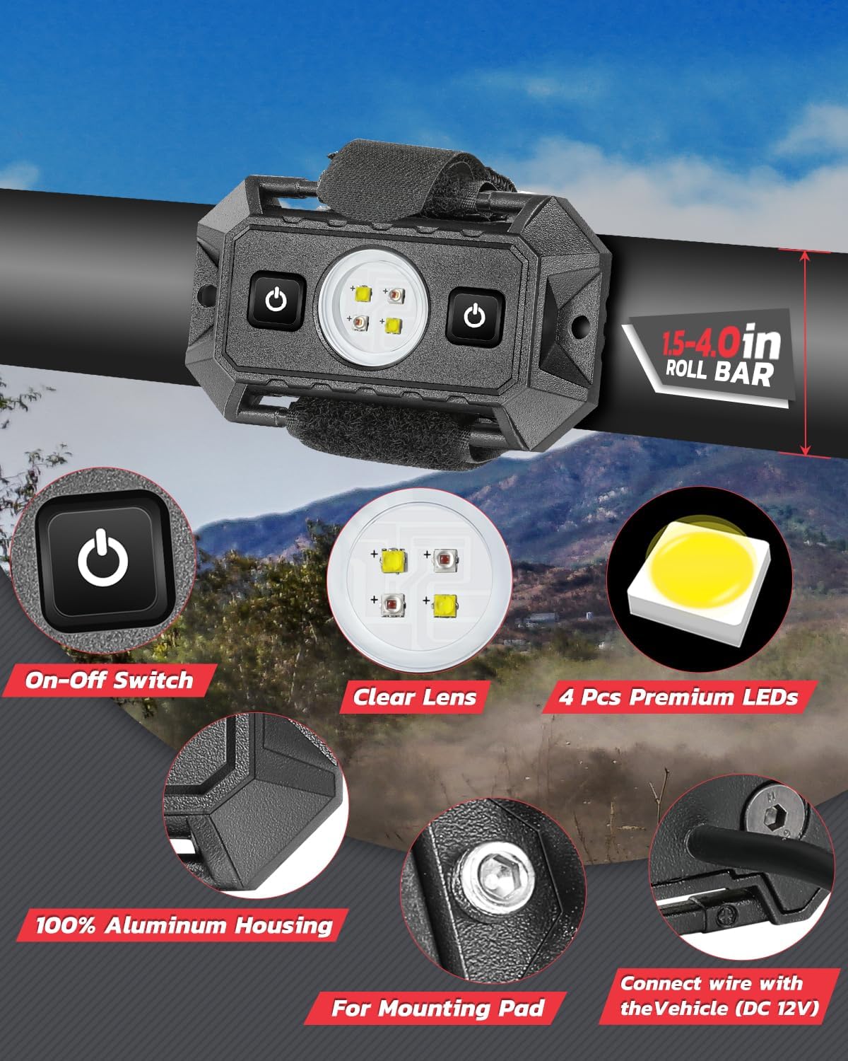 UTV LED Dome Light 12V with Switch, Upgrade IP68 Waterproof Aluminum Universal Interior Dome Truck Bed Lights for UTV ATV Polaris RZR Can-Am Kawasaki Yamaha SXS Truck Off Road - White/Red