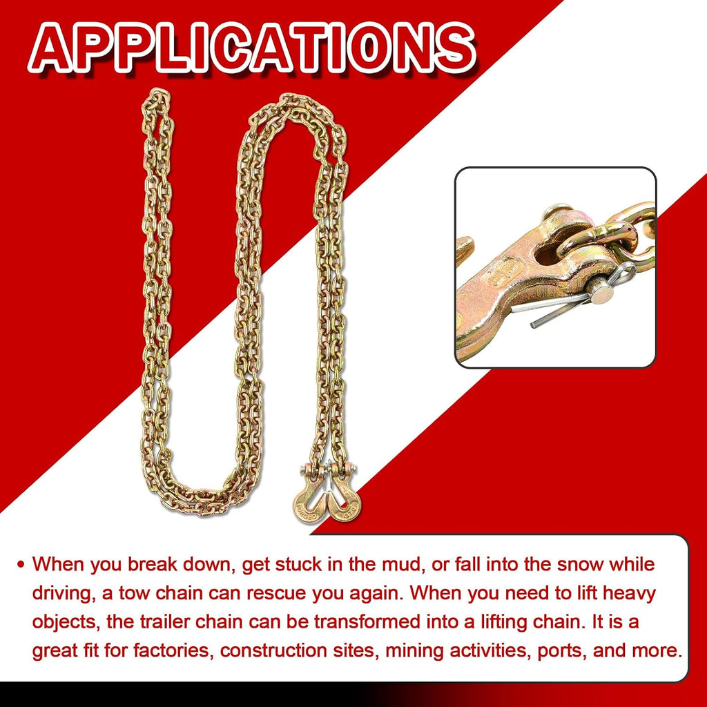 Heavy Duty G80 Transport Binder Chain 1/4'' Inch x 12 Feet,Tow Chain with G70 Clevis Grab Hooks,3300 lbs Safe Working Load Logging for Transporting, Towing(1/4'' x 12FT Yellow).