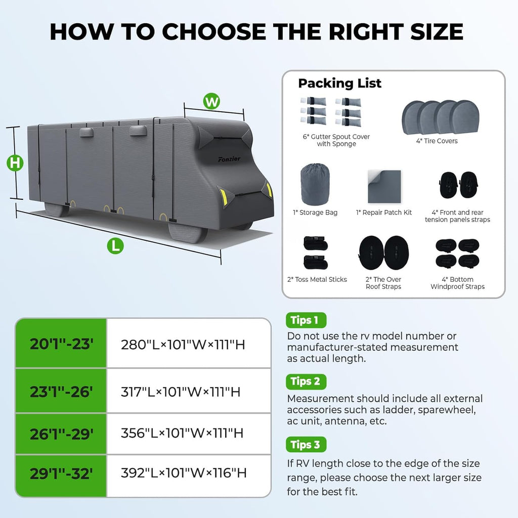 Fonzier Class C RV Cover 29-32ft, 7 Layer Top Heavy Duty Camper Cover, Extra-Thick Waterproof Windproof Anti-UV Rip-Stop Class C Motorhome Cover with 2Pcs Extra Straps, 6 Gutter Covers & 4 Tire Covers