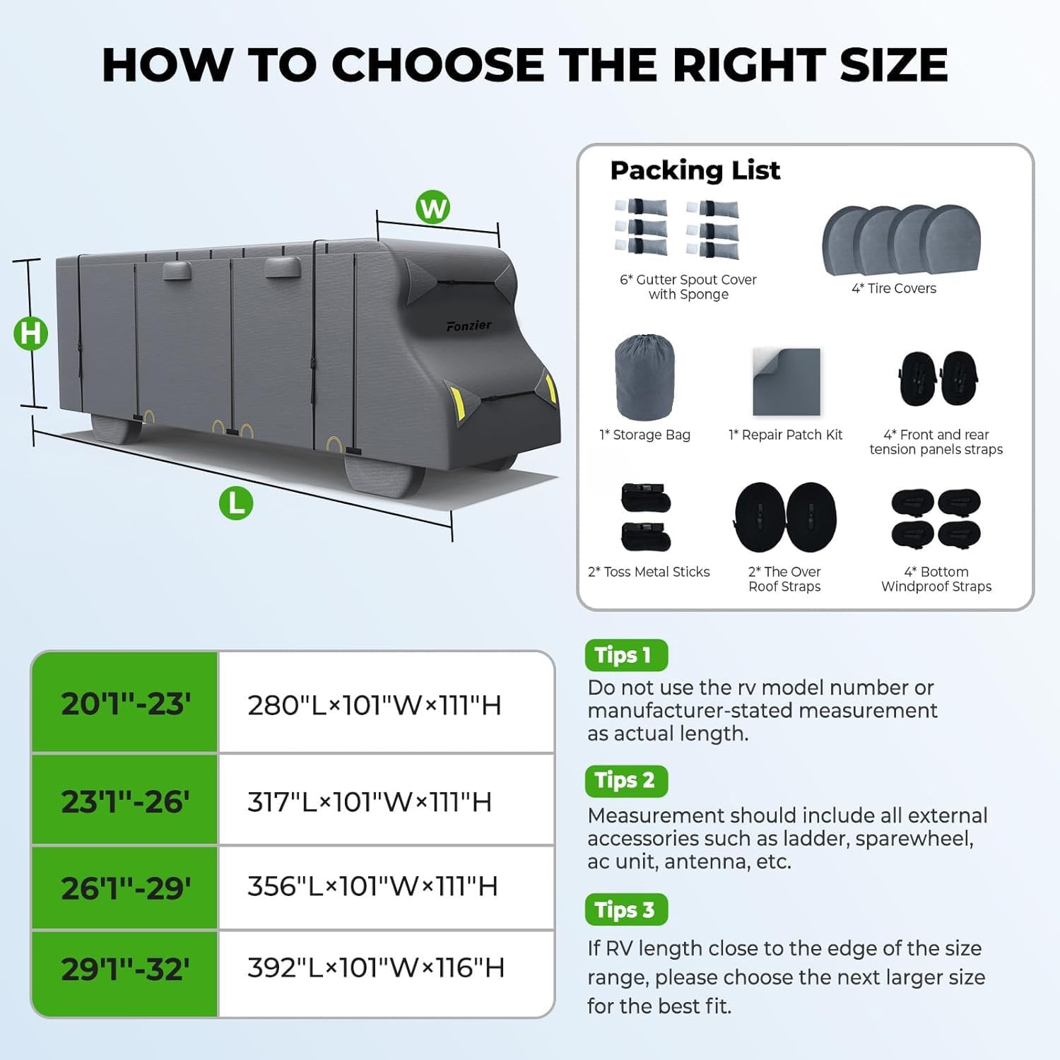 Fonzier Class C RV Cover 29-32ft, 7 Layer Top Heavy Duty Camper Cover, Extra-Thick Waterproof Windproof Anti-UV Rip-Stop Class C Motorhome Cover with 2Pcs Extra Straps, 6 Gutter Covers & 4 Tire Covers