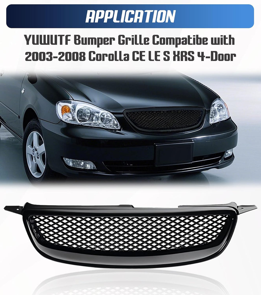 Front Grille Compatible with 2003-2008 Toyota Corolla CE LE S XRS Hood Mesh Grille ABS Plastic Glossy Black