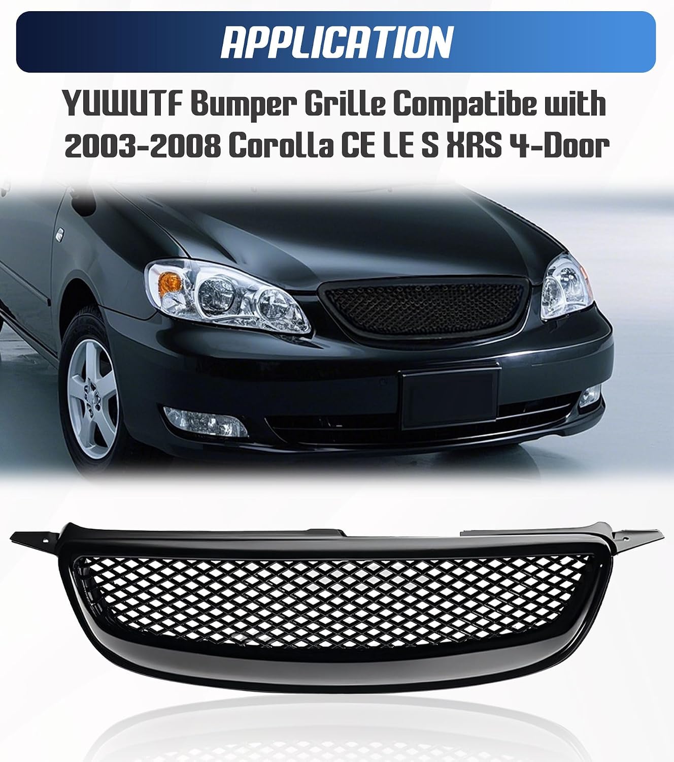 Front Grille Compatible with 2003-2008 Toyota Corolla CE LE S XRS Hood Mesh Grille ABS Plastic Glossy Black