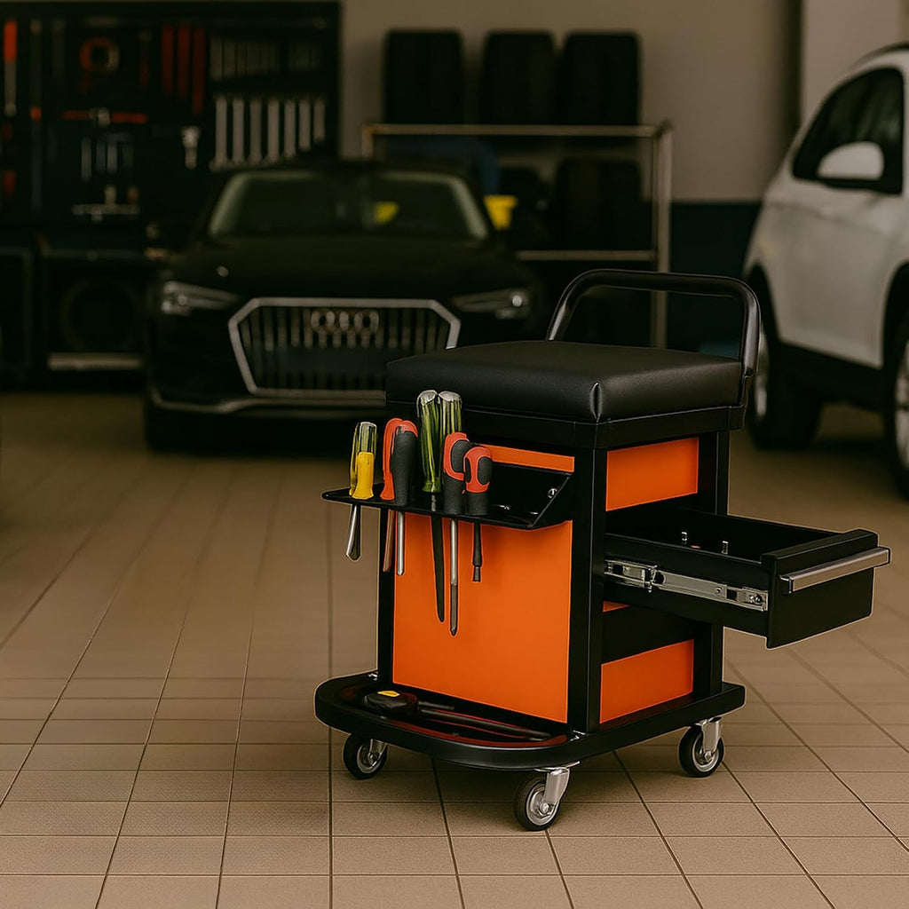 A A IN Rolling Tool Chest Creeper Seat with 4 Pieces 2-1/2" Swivel Casters,Padded Creeper Seat with Extra Storage,Tool Box Chair, 300 pounds Capacity Mechanics Chair with Drawers