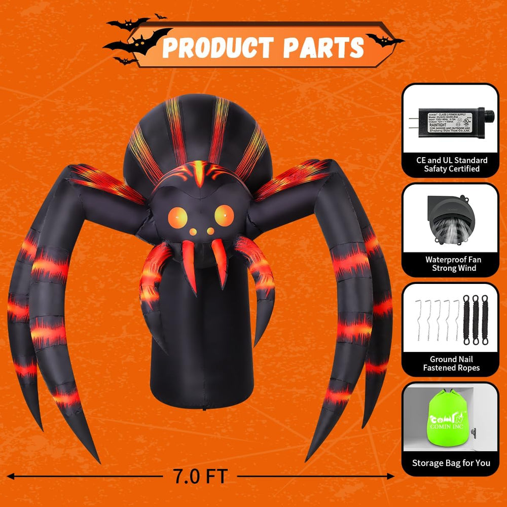 COMIN 7FT Halloween Inflatables Orange Stripe Spider Yard Decor with LEDs