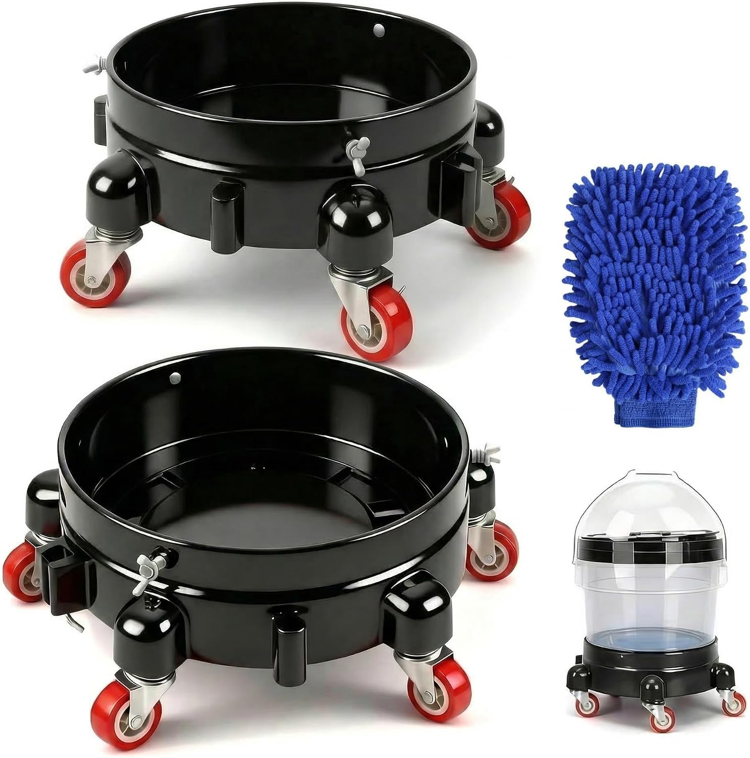 2 Pcs 5 Gallon Bucket Dolly, 11 Inch, Black Set | 1 Car Washing Glove, 5 Heavy Duty Wheel Casters, 360° Rolling, Connectable & Locking, For Car Wash, Garden & Garage