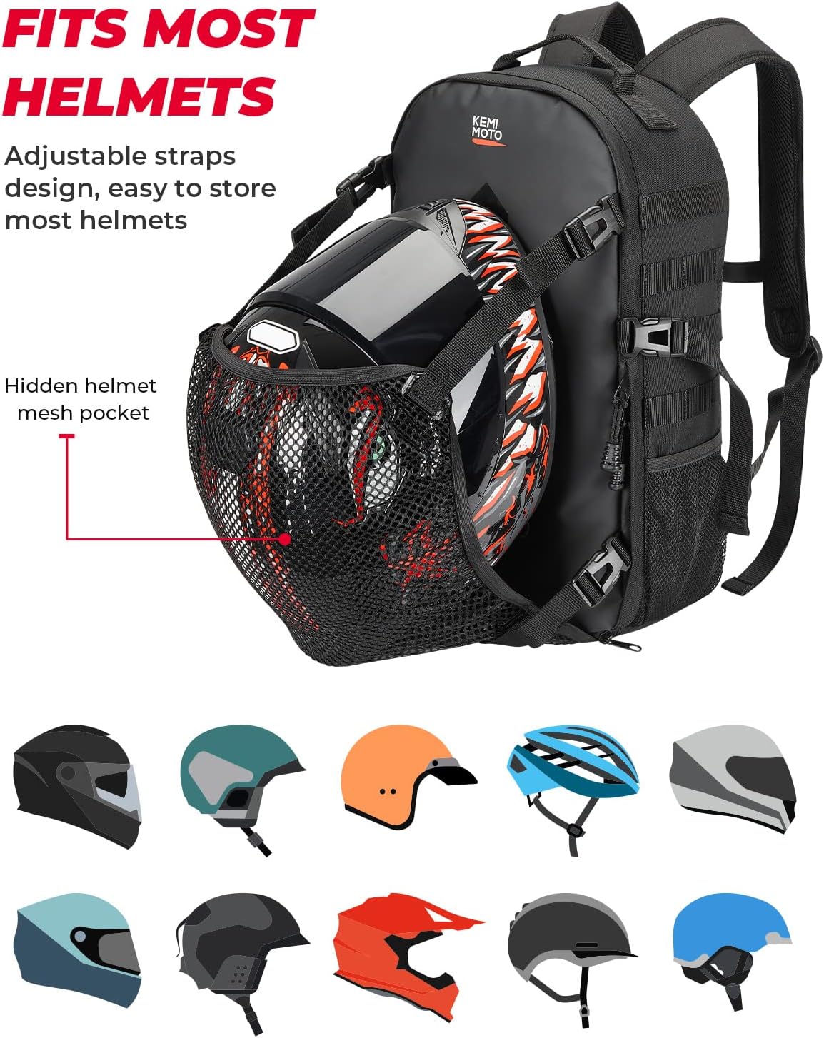 KEMIMOTO Motorcycle Helmet Backpack, 20L Storage Bag with Expandable Hidden Net for Full Face Helmet, Riding & Daily Commute Gift for Men