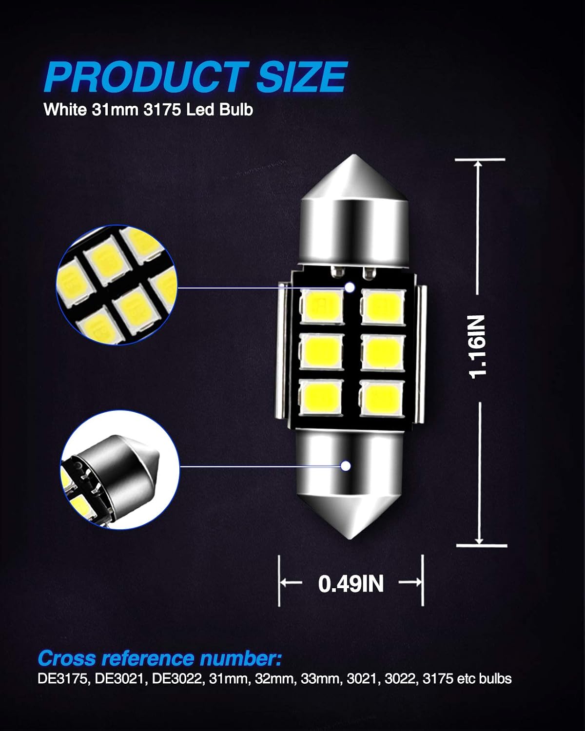 Marsauto DE3175 LED Bulb 31mm Festoon LED Bulbs White 1.2inch Super Bright 300LM 6500K 2835SMD 3175 DE3021 3022 3021 for Car Interior Dome Map License Plate Lights RV Exterior Lighting Pack of 4