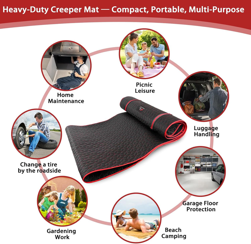 Upgraded Rolling Creeper Mat for Mechanics, 60 x 28 in Padded Automotive Work Mat for Cars, SUVs & Pickup Trucks, Red
