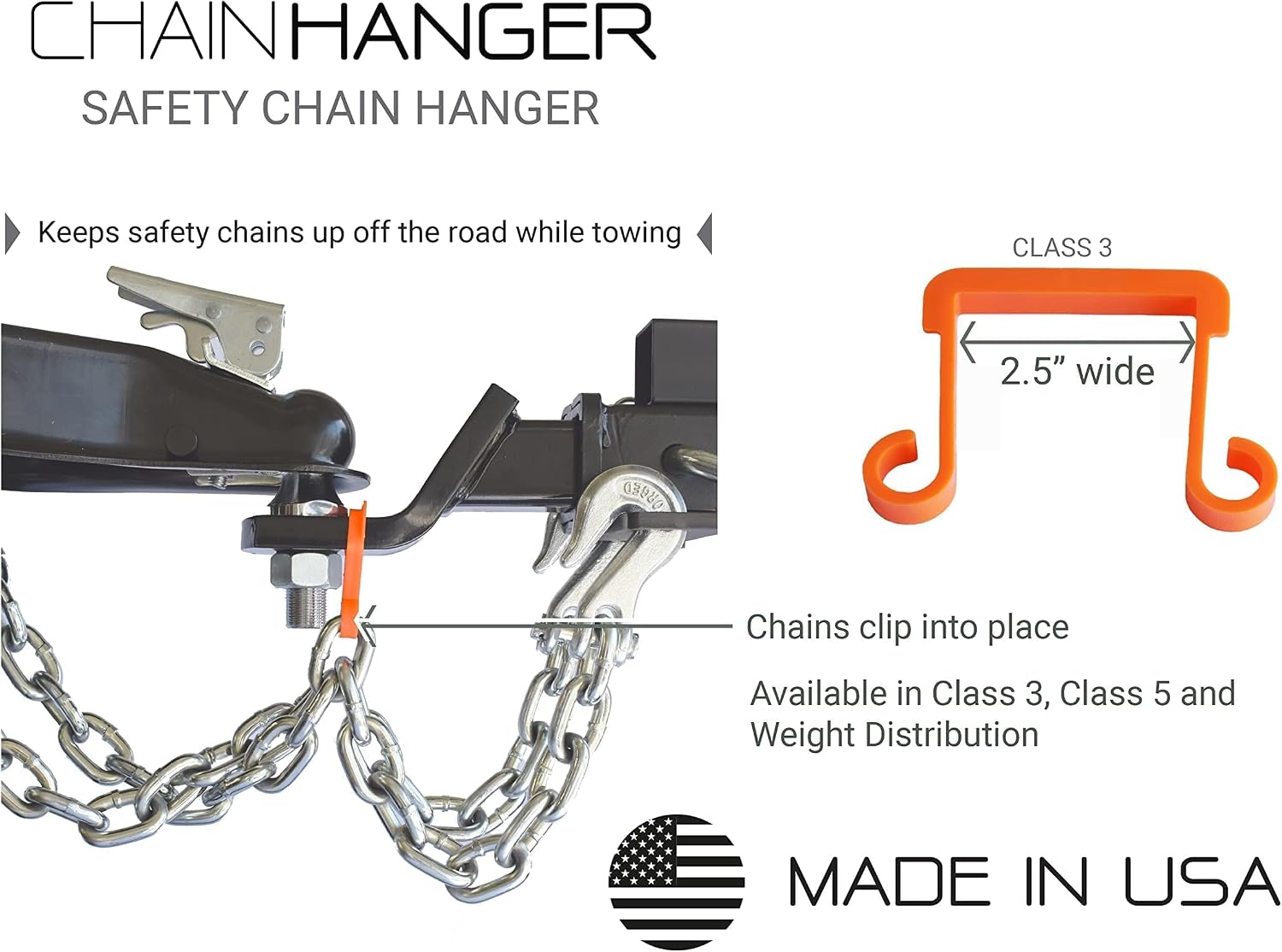GR Innovations Safety Chain Hanger for Trailer Hitch - Easy Install RV Accessories - Keeps Chains Off Road While Towing - Made in USA - Stop Sparks - Class 3