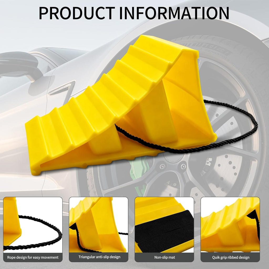 4 Pack Wheel Chocks, Wheel Chocks with Rope, Plastic Hard Wheel Stoppers Block for Camper Cars, RV Trailer, Trucks (Yellow)