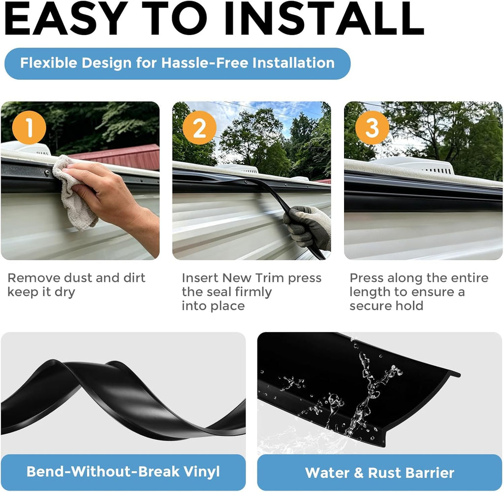 1" RV Vinyl Trim Molding Insert Black,for RV Camper Travel Trailer Screw Cover Gutter Corner Channel Outside Seam roof Edge Track Heavy Duty Trim (50 ft)