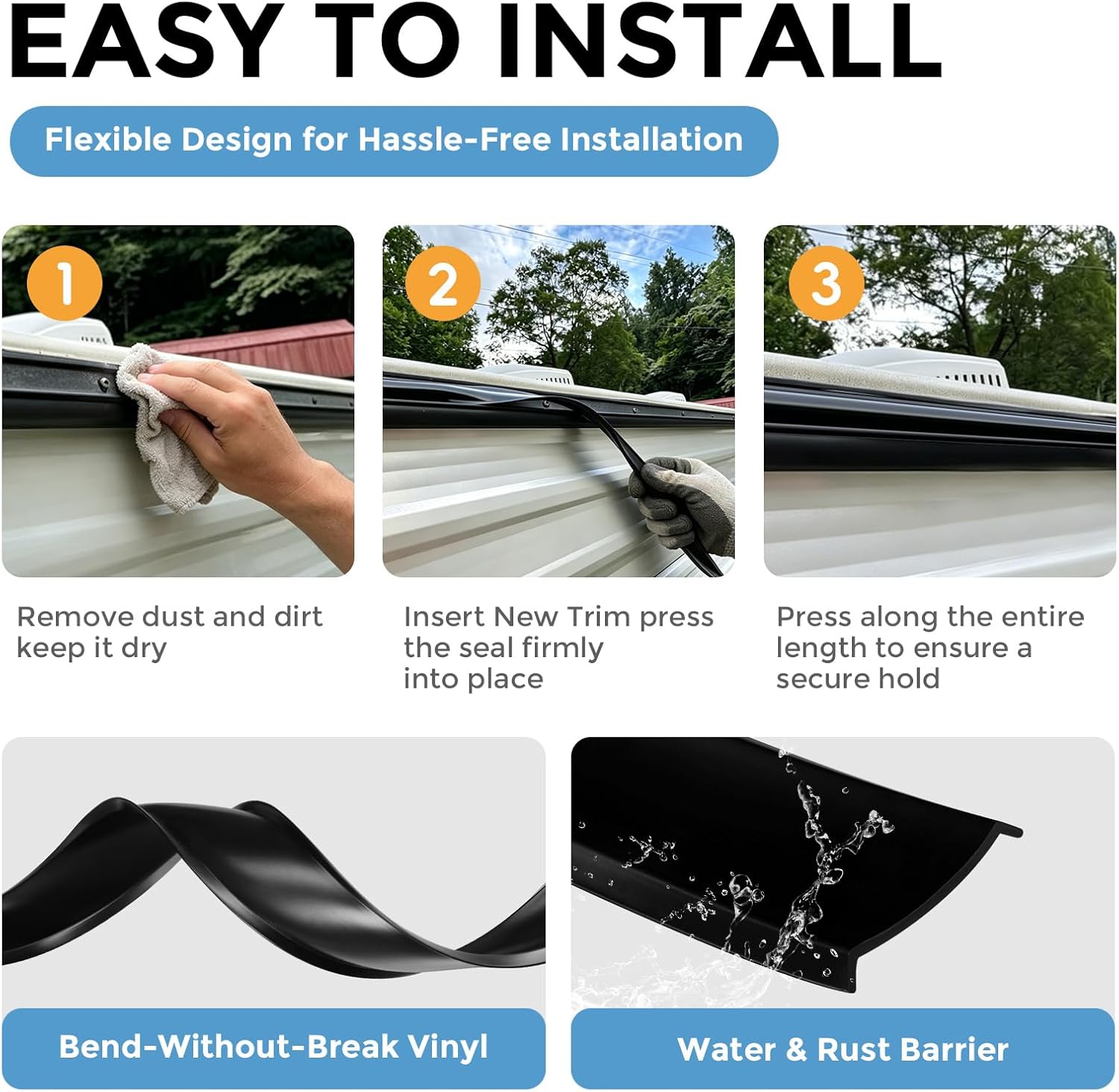 1" RV Vinyl Trim Molding Insert Black,for RV Camper Travel Trailer Screw Cover Gutter Corner Channel Outside Seam roof Edge Track Heavy Duty Trim (50 ft)