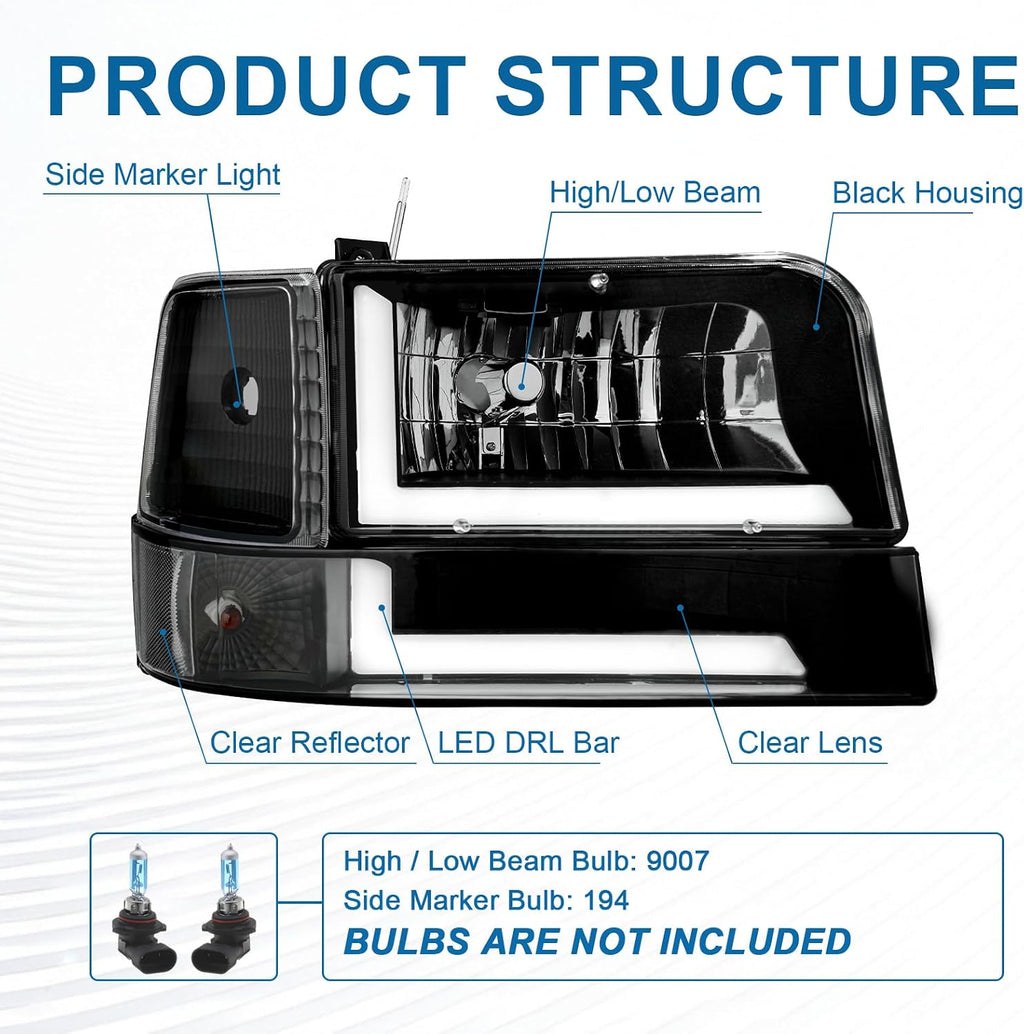 LED DRL Headlights Compatible with 1992-1996 Ford F150 F250 F350 & Bronco Replacements Headlamp Clear Reflector Black Housing