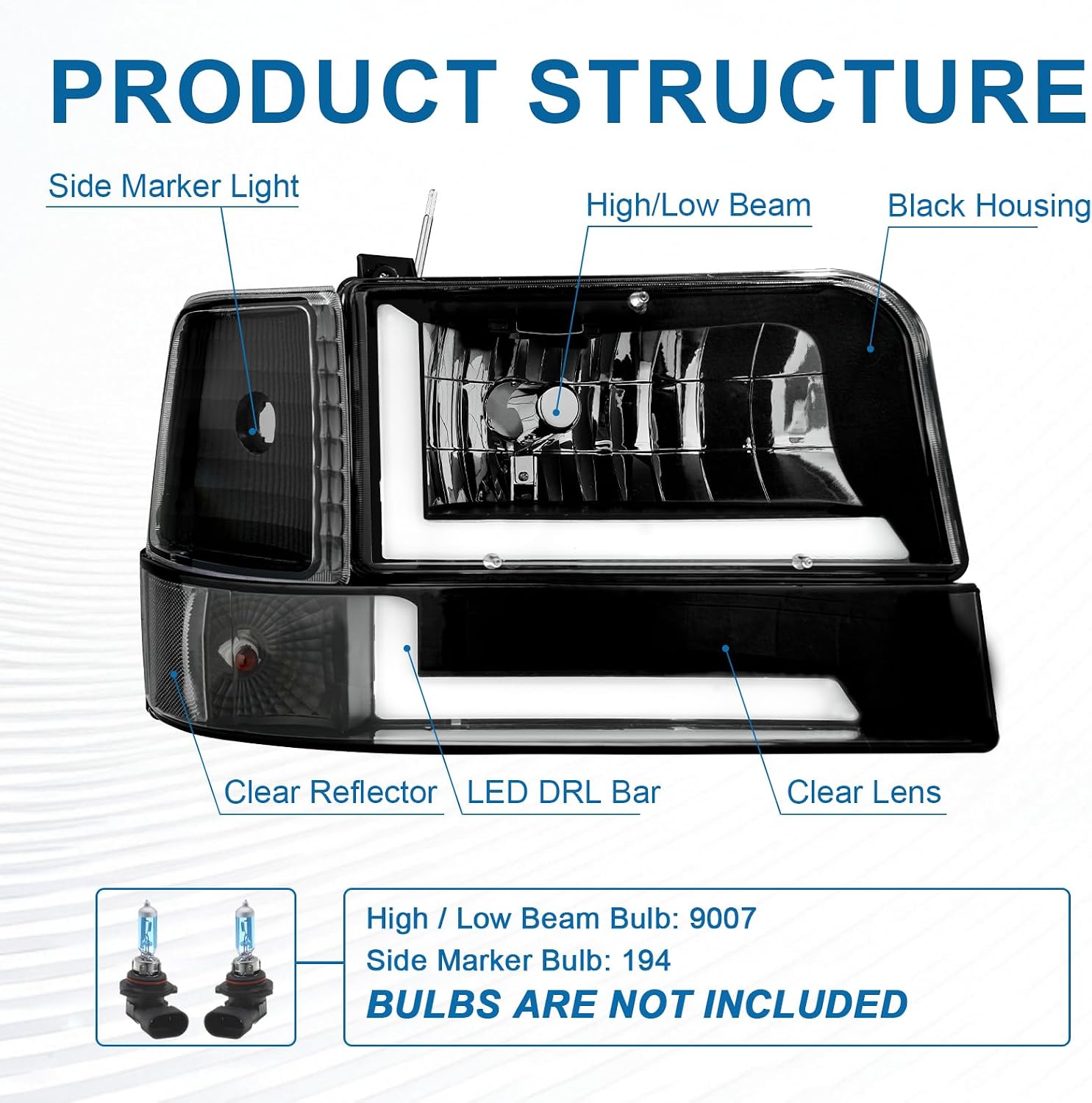 LED DRL Headlights Compatible with 1992-1996 Ford F150 F250 F350 & Bronco Replacements Headlamp Clear Reflector Black Housing
