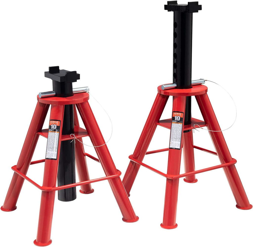Sunex 1310 10-Ton Medium Height Pin Type Jack Stands, Pair & MAXXHAUL 70472 Solid Rubber Heavy Duty Black Wheel Chock 2-Pack, 8" x 4" x 6"