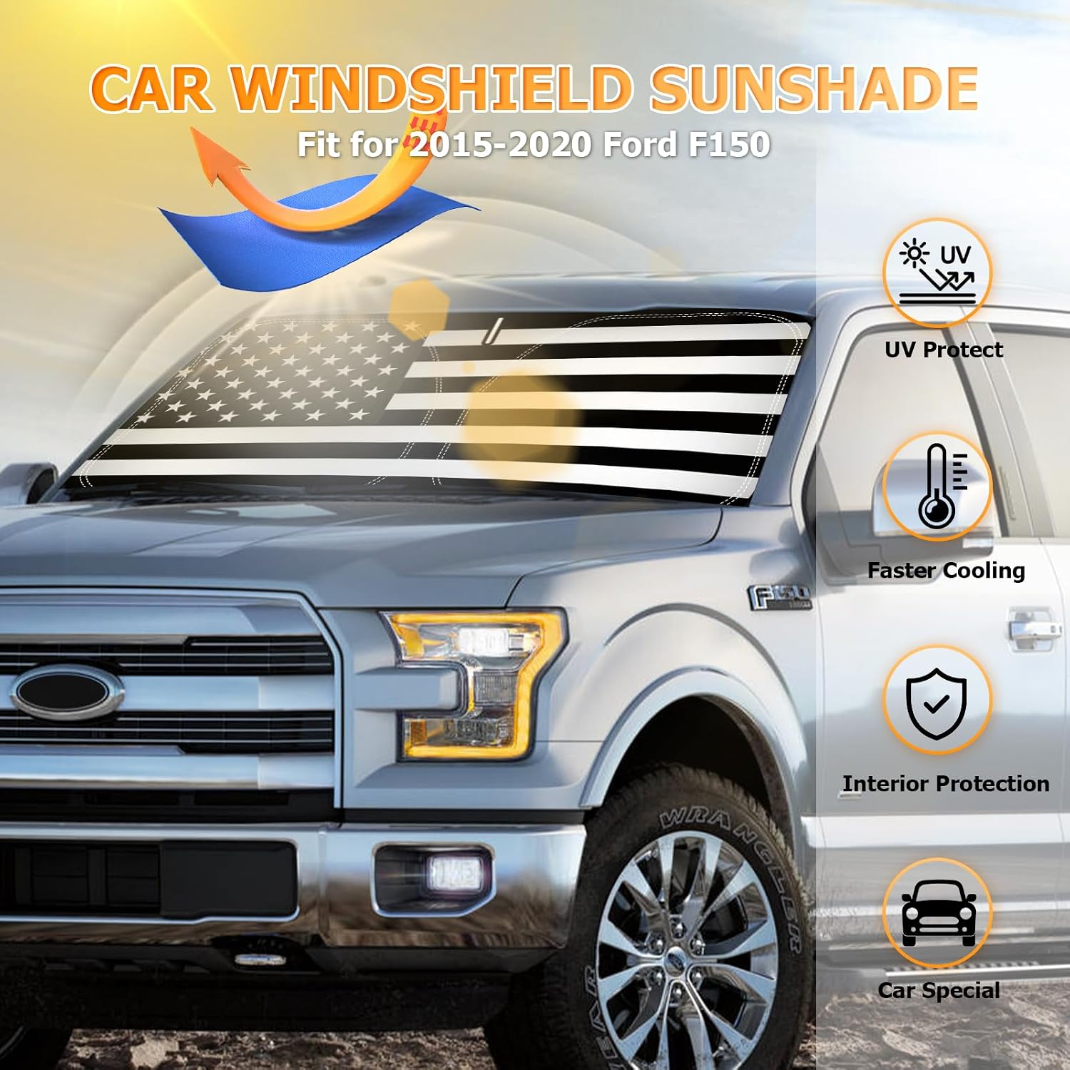 Bestview Windshield Sun Shade Custom Fit for 2015-2020 Ford F150, Foldable Front Window Sunshade Sun Visor Accessories Protector Block UV Rays Heat