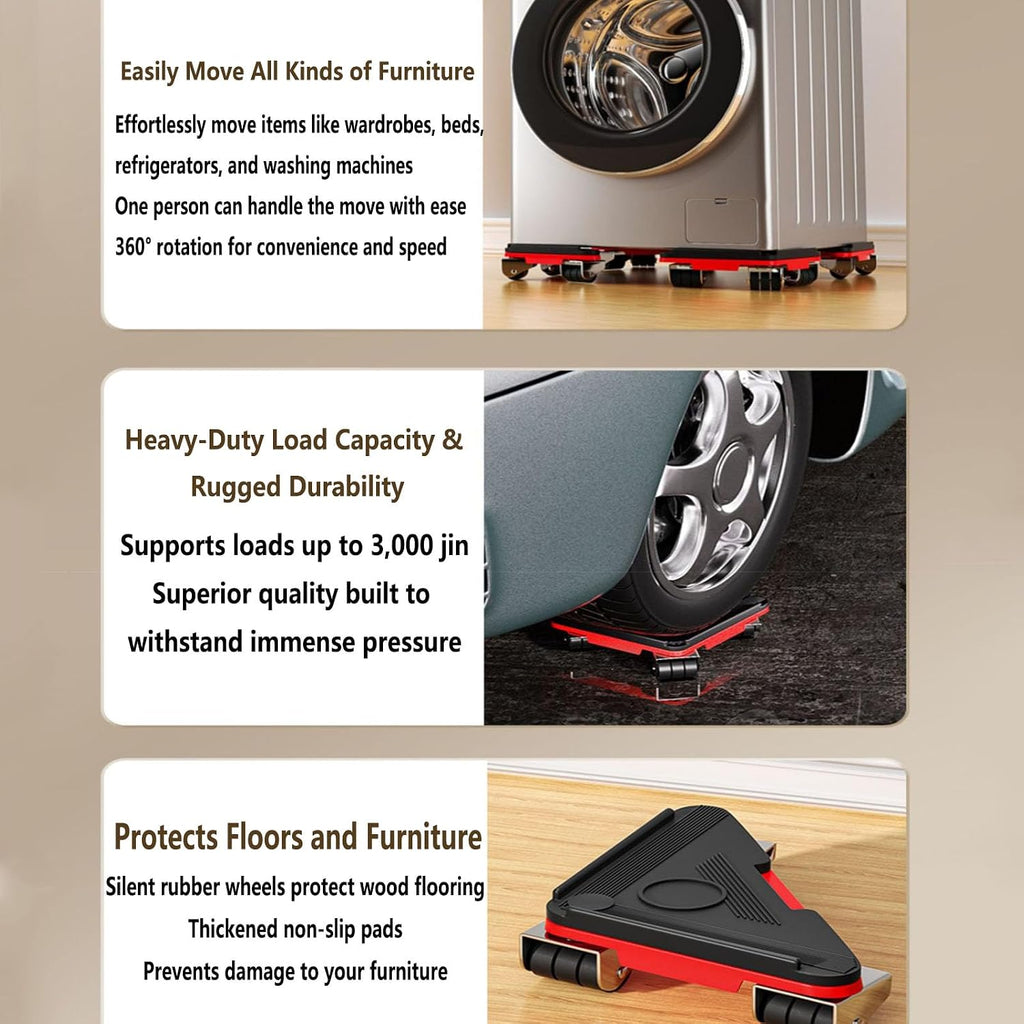 Heavy Duty Furniture Dolly Lifter Trailer Furniture Movers with 9 Wheels Anti-Slip Groove Design Pad 360° Rotatable Silent Rubber Universal Wheels, Max Load 3300LBS （5 Pack）