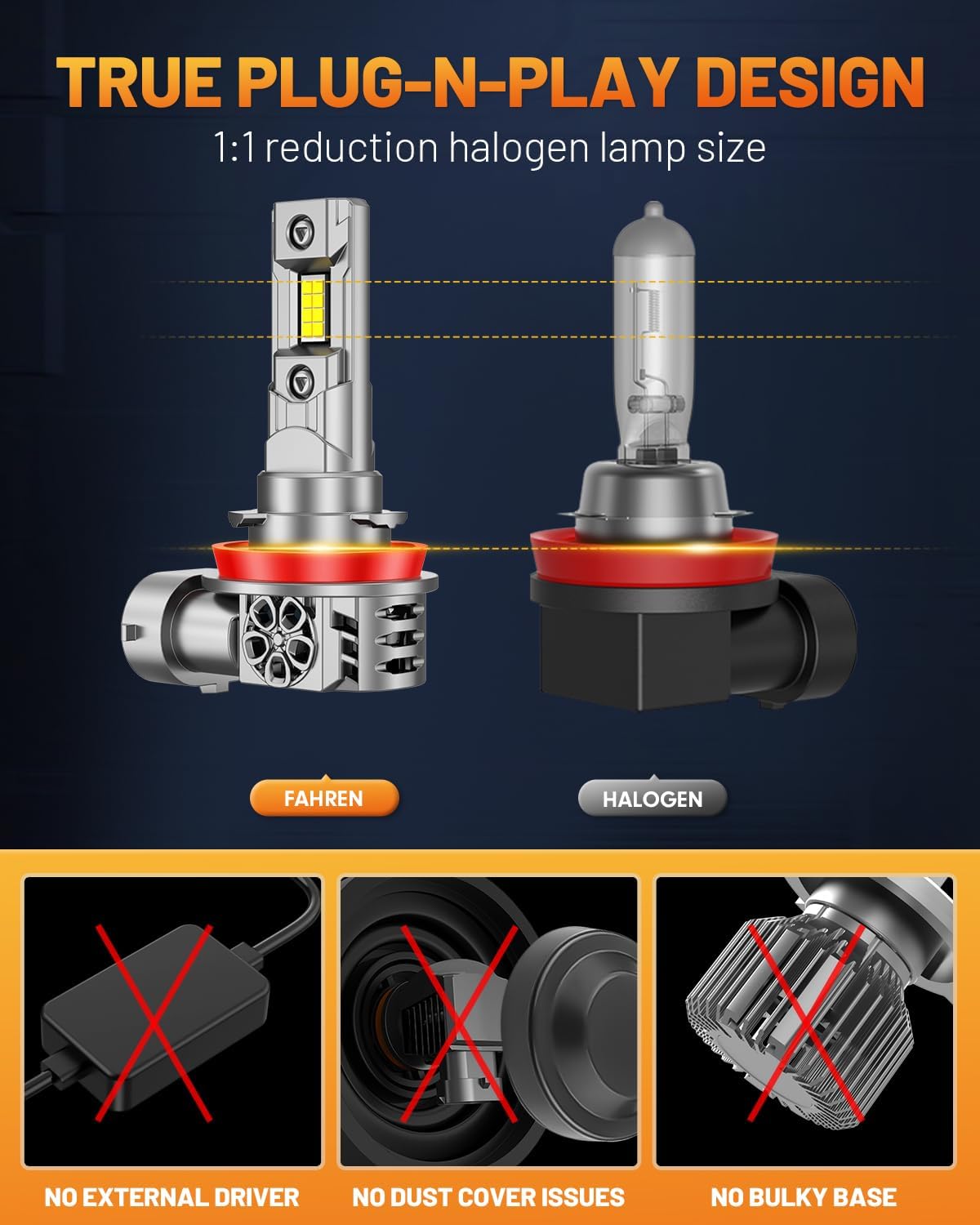 FORENNER Fahren H11 H9 H8 Light Bulbs, New Gen 60000LM H9 H8 Fog Lights 1:1 Size 6500K White, IP68 Waterproof 70000Hrs+ Lifespan Quick Install, Back Up Light Assemblies Pack of 2
