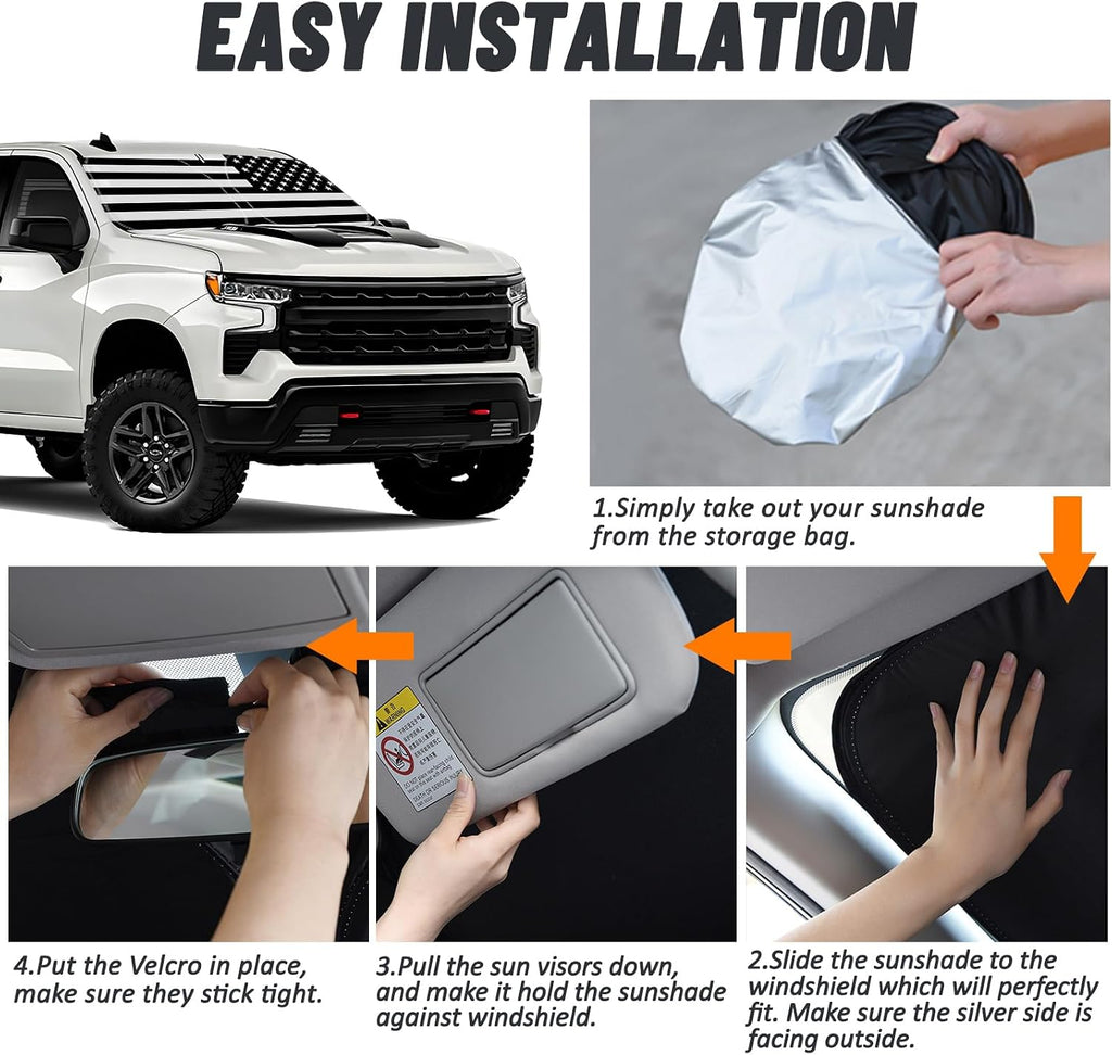 D-Lumina Windshield Sun Shade for 2019-2025 Chevy Silverado 1500 Accessories, Front Window Sunshade American Flag Sun Visor Protector Sun Shield Block UV Rays Heat, Foldable 2 Layers 210T Material