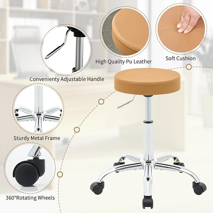 Rolling Massage Chair, Adjustable Hair Cutting Stool 19.5’’-26.6’’, Camel Brown - Image 4