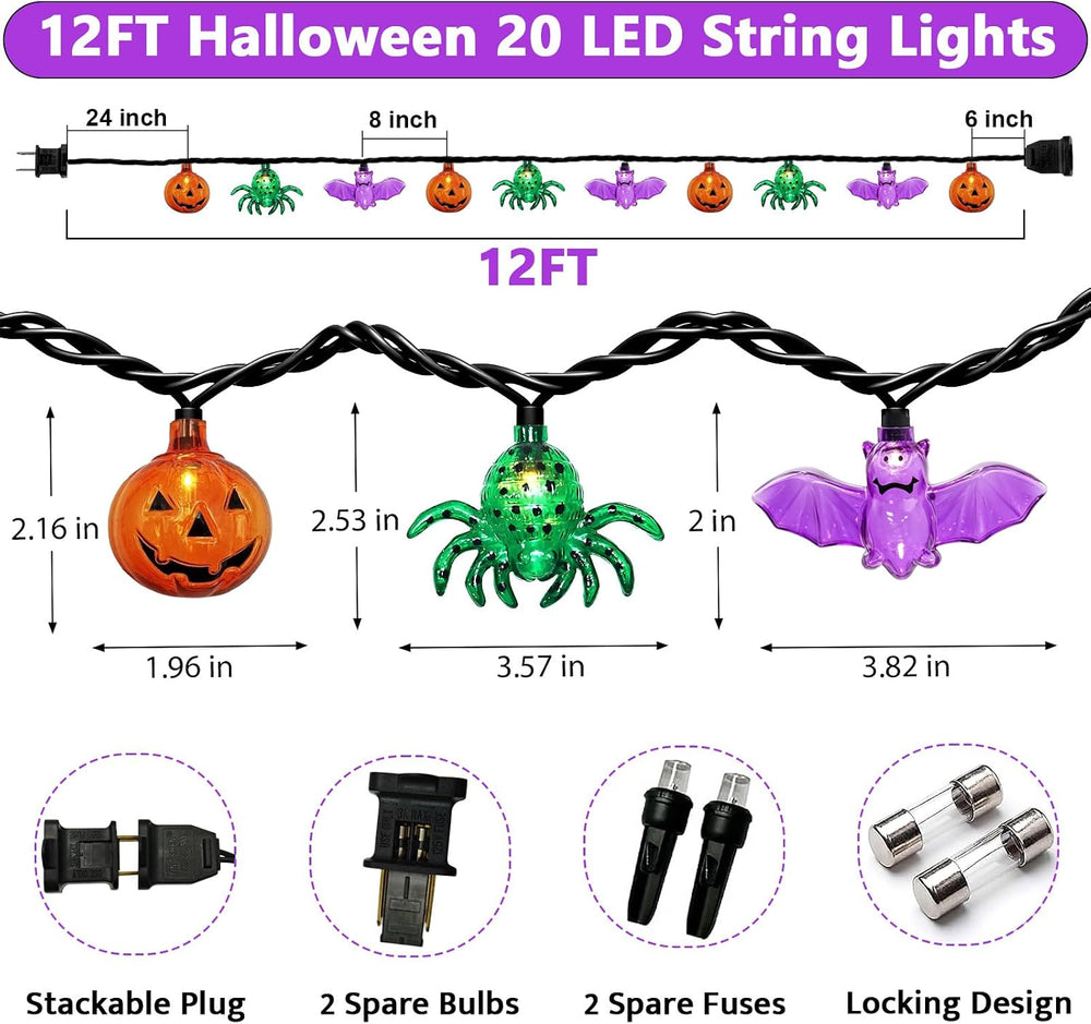 Couah Halloween Pumpkin Bat Spider LED String Lights, 12Ft Jack O Lantern Lig...