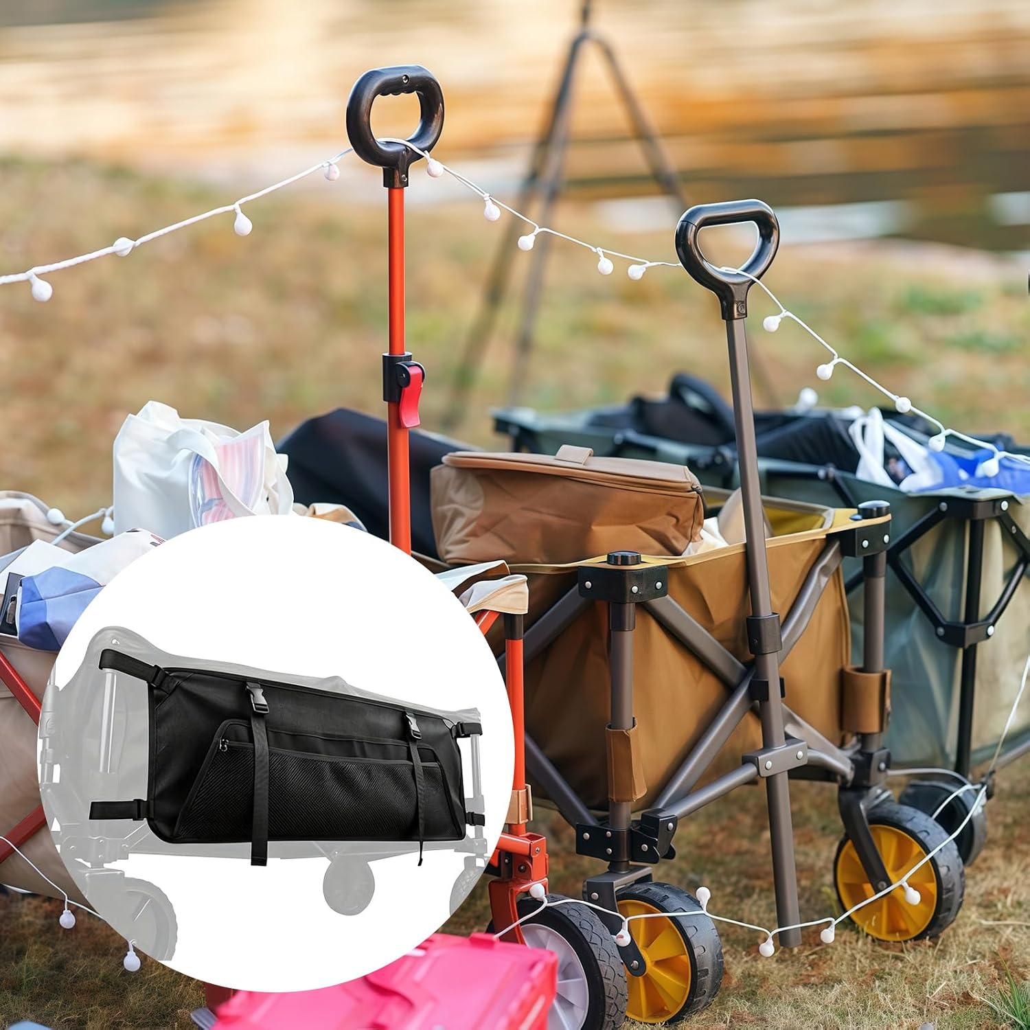 Camping Side Storage Bag 600D Oxford Cloth Foldable Cart Organizer Adjustable Hook and Loop Straps Utility Side Pocket Storage for Beach Camping Hiking Outdoor Gear Organization