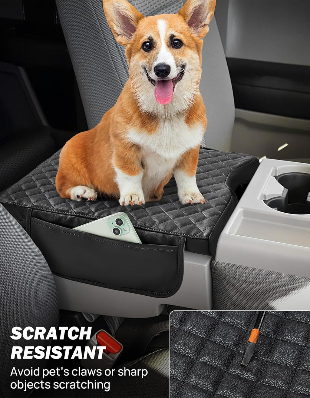 JOYTUTUS Center Console Cover Compatible with 2015-2026 Ford F150, 2017-2026 F250 F350 F450 with 40/20/40 Jump Seat, Leather Armrest Cover Center Console Cushion with Side Pockets (Jump Seat Only)
