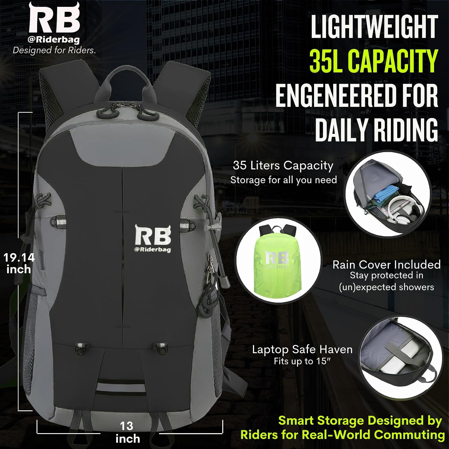 riderbag Reflective Motorcycle Backpack, Hi Viz Commuter Riding Bag | Designed by Riders for Everyday Rides with Laptop Compartment and Helmet Net. Built to Help You Be Seen.