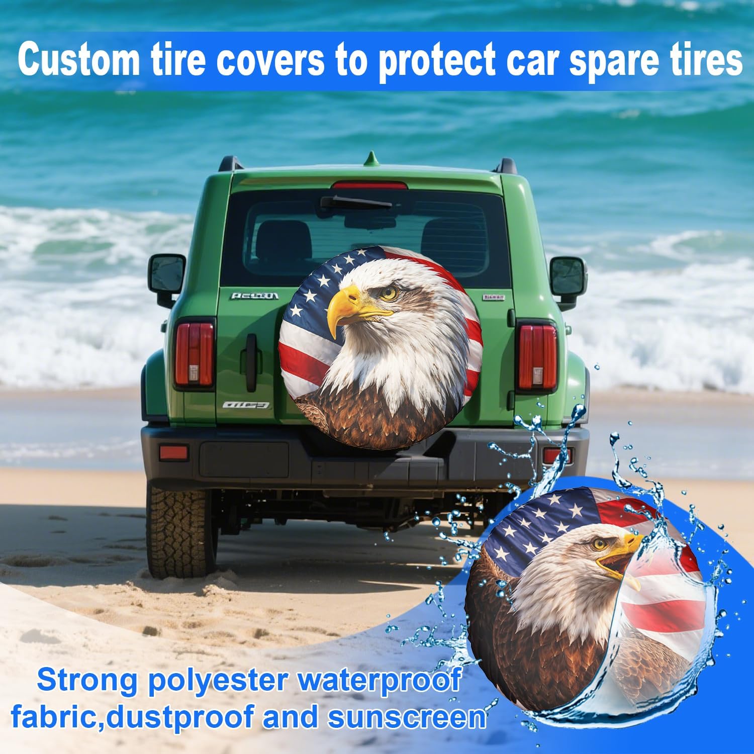 Custom Spare Tire Cover with Text, Personalized Waterproof American Flag & Bald Eagle Tire Cover for Jeep Wrangler, RV, Trailer 14" 15" 16" 17" Patriotic Outdoor Car Accessory