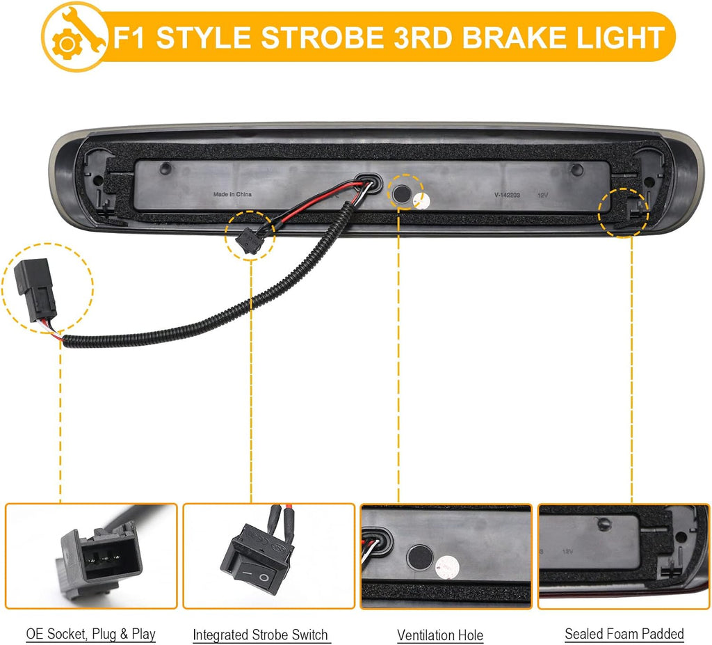 R&F Auto LED Third Brake Light Compatible with 2007-2013 Silverado/Sierra 1500 2500HD 3500HD Roof Cargo Lights Pickup Truck F1 Style Strobe High Mount Stop Lamp, Smoked Lens Replace OEM# 25890530