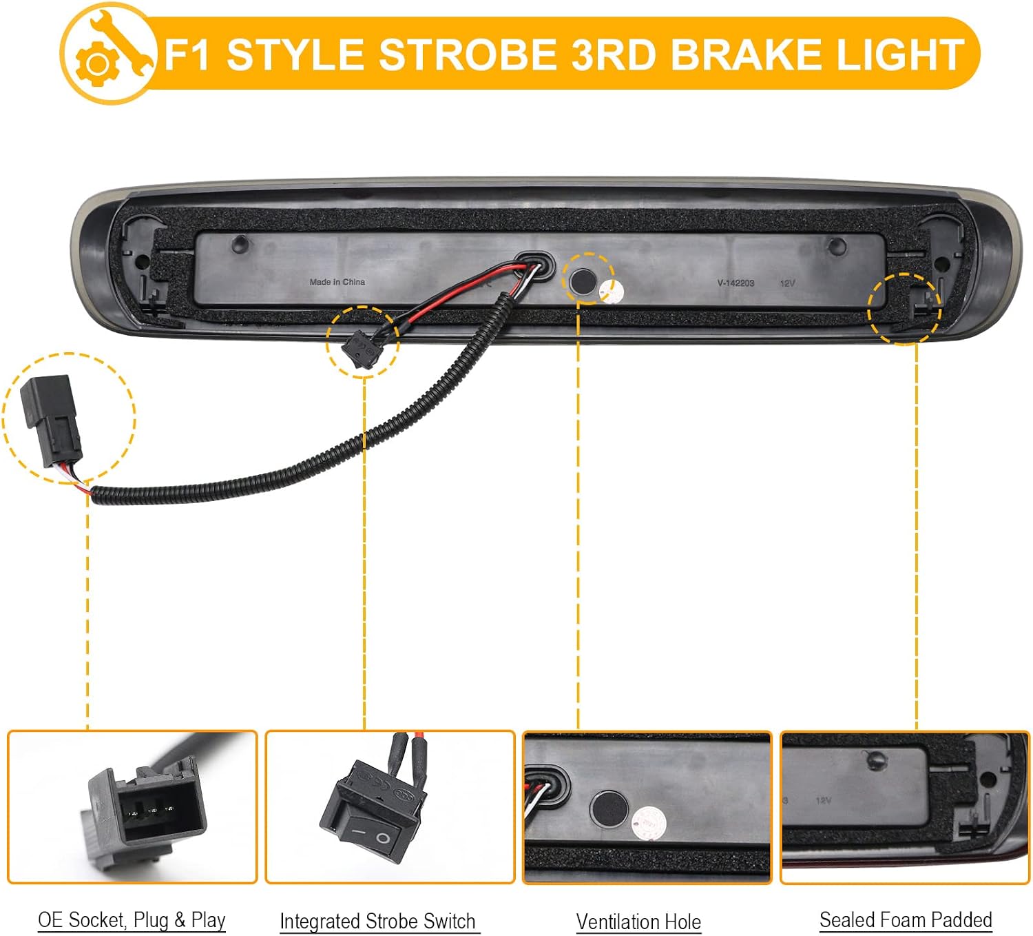 R&F Auto LED Third Brake Light Compatible with 2007-2013 Silverado/Sierra 1500 2500HD 3500HD Roof Cargo Lights Pickup Truck F1 Style Strobe High Mount Stop Lamp, Smoked Lens Replace OEM# 25890530