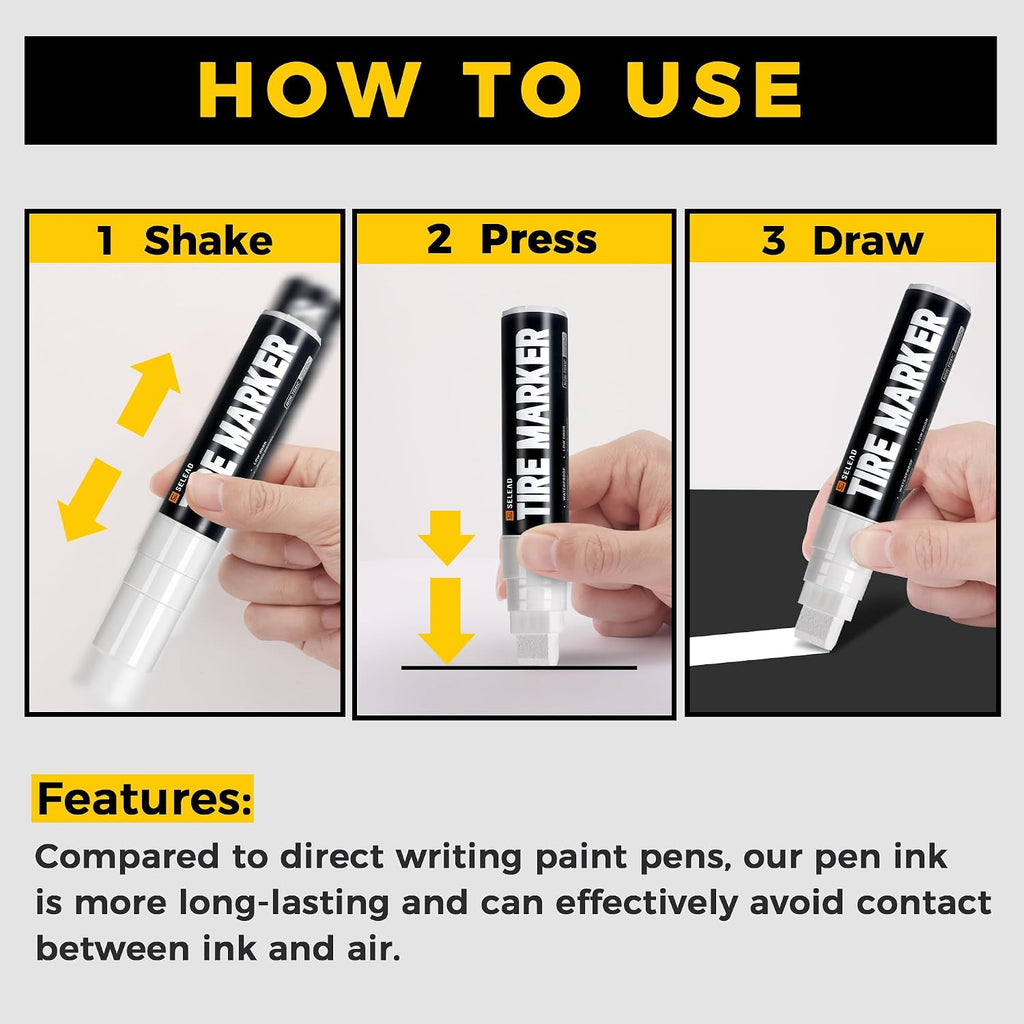 SELEAD Jumbo Tire Marker White - 4 Pack 15mm Wide Tip Paint Pens for Car Tires Lettering, Large Capacity Premium Ink Waterproof Permanent Markers