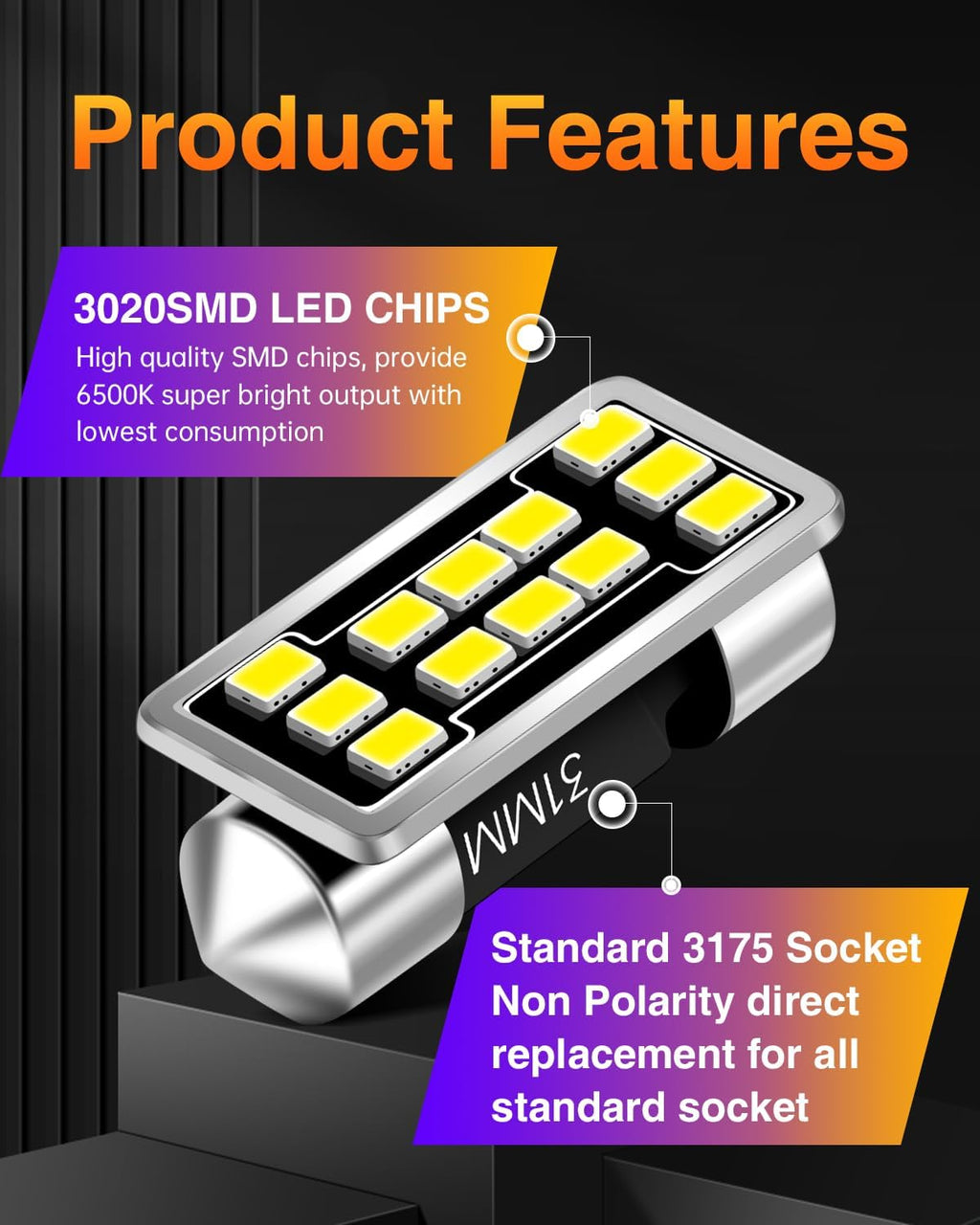 DE3175 DE3021 LED Dome Light Bulbs 640 Lumens Extremely Bright 3020 12-EX Chipsets 1.25 inches 31mm DE3022 3175 LED Bulbs for Interior Map Door Lights,Xenon White，Pack of 2