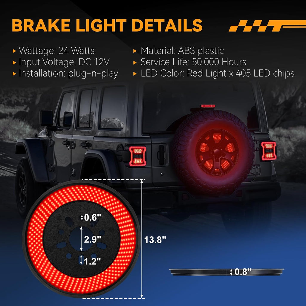 Spare Tire Brake Light for 2018-2026 Jeep Wrangler JL JLU, 405PCS LED Super Bright 3rd Third Brake Light, Plug-N-Play Wheel Lights, Rear Brake Tail Light for Jeep Wrangler JL JLU Accessories