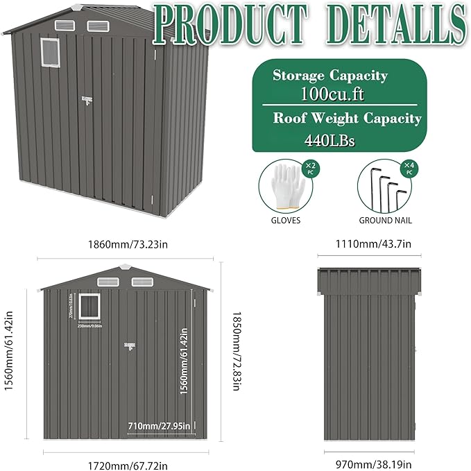 6x3.6FT Outdoor Storage Shed, Galvanized Steel Garden Shed - Image 6
