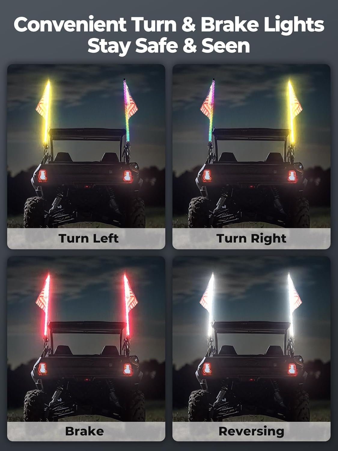 KEMIMOTO 2pc 3ft Whip Lights for Side by Side, Turning Signal Function Compatible with Polaris RZR Can-Am Maverick X3, LED Whip Lights for UTV ATV Buggy Boat Offroad RGB