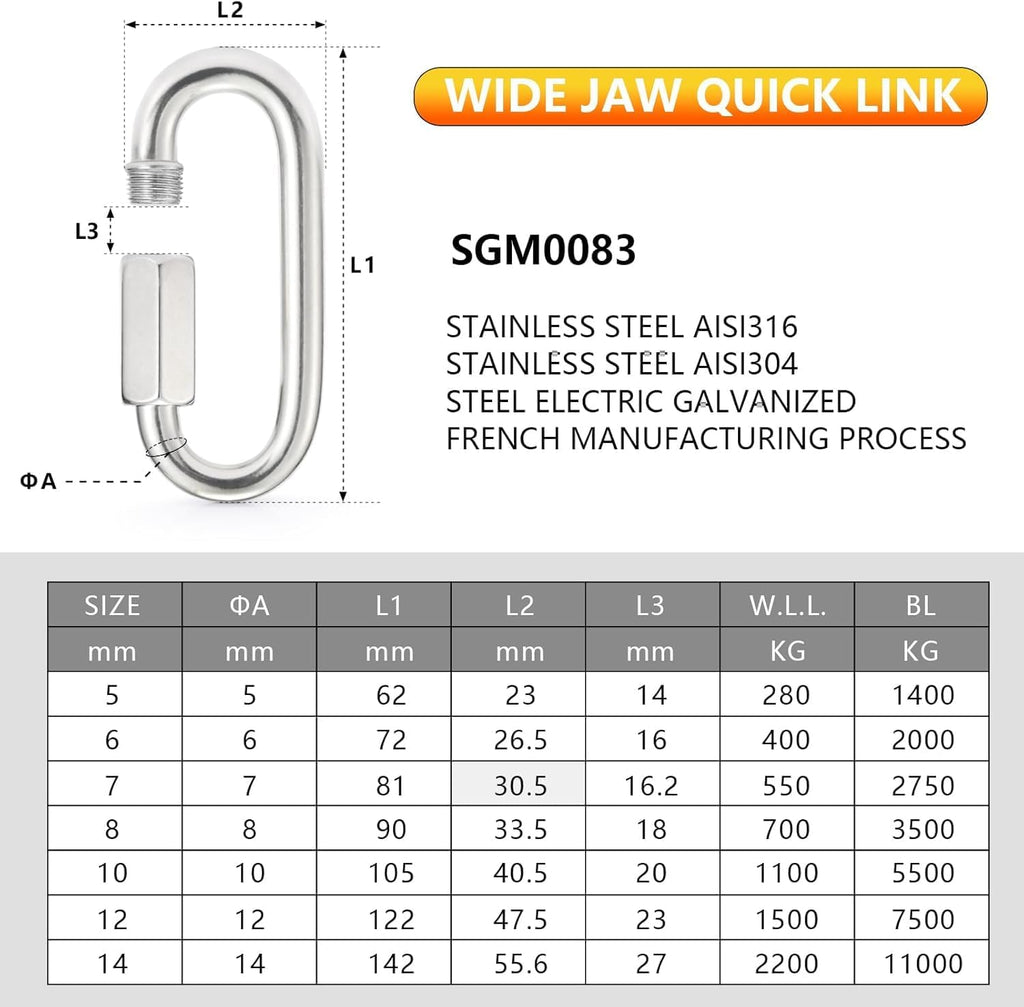 sprookber Stainless Steel Chain Quick Links - 304 Stainless Stee Chain Connector, Screw Carabiner, Chain Hooks, Set of 6