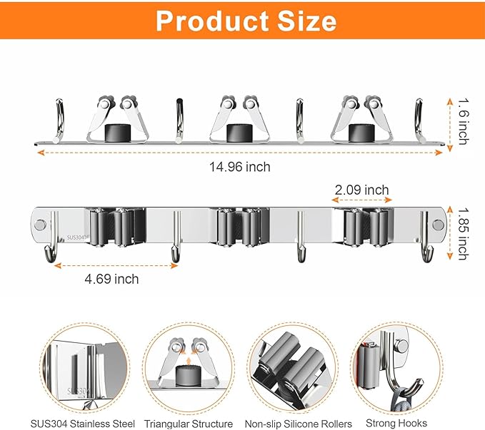 2 Pack Mop and Broom Holder Wall Mount, Non-slip Broom Hanger, Heavy Duty Mop - Image 7