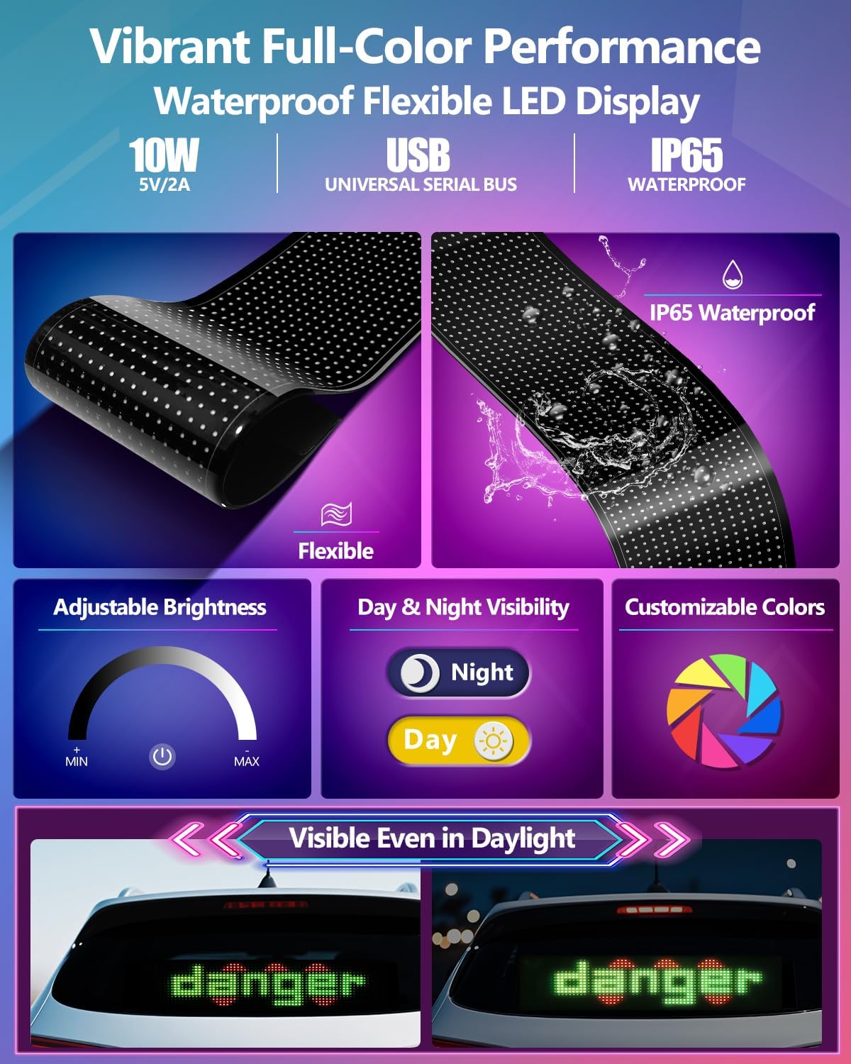 Multifunctional Bright 2PCS Devil Eyes for Cars Windshield - 15x4in [Upgraded Chip 100% Synchronized] Programmable Flexible LED Matrix Display - Custom Text Car Window Sign for Golf Cart Auto