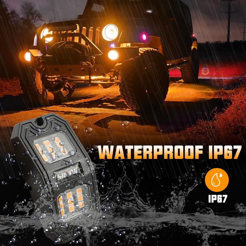 SUNPIE 8 Pods Quick Connect Amber Rock Lights, 18 Wide Angle Chips, 4M Extension Wires Each Light, Mounting Pads, IP67 Waterproof, Fits for Trucks Trailer SUV ATV UTV