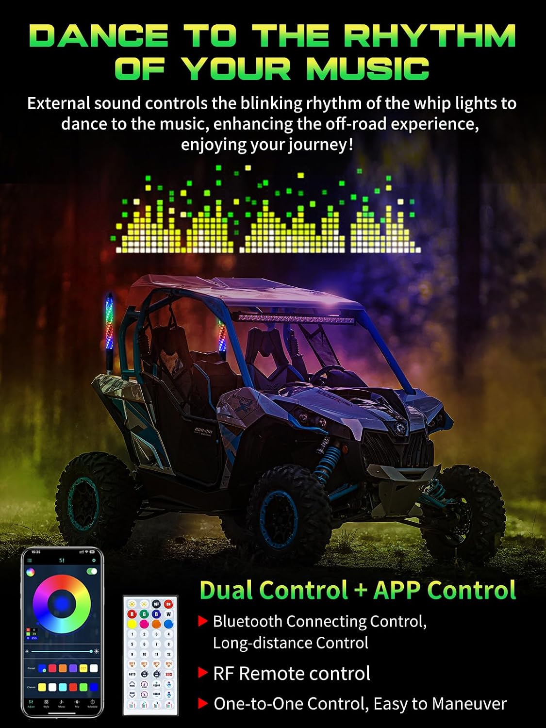 2 Pack 1FT Whip Lights with Spring Base, LED Whip Light with App & Remote Control, Spiral RGB Chasing Lighted Whips with Rocker Switch, Music Whip Light for UTV ATV