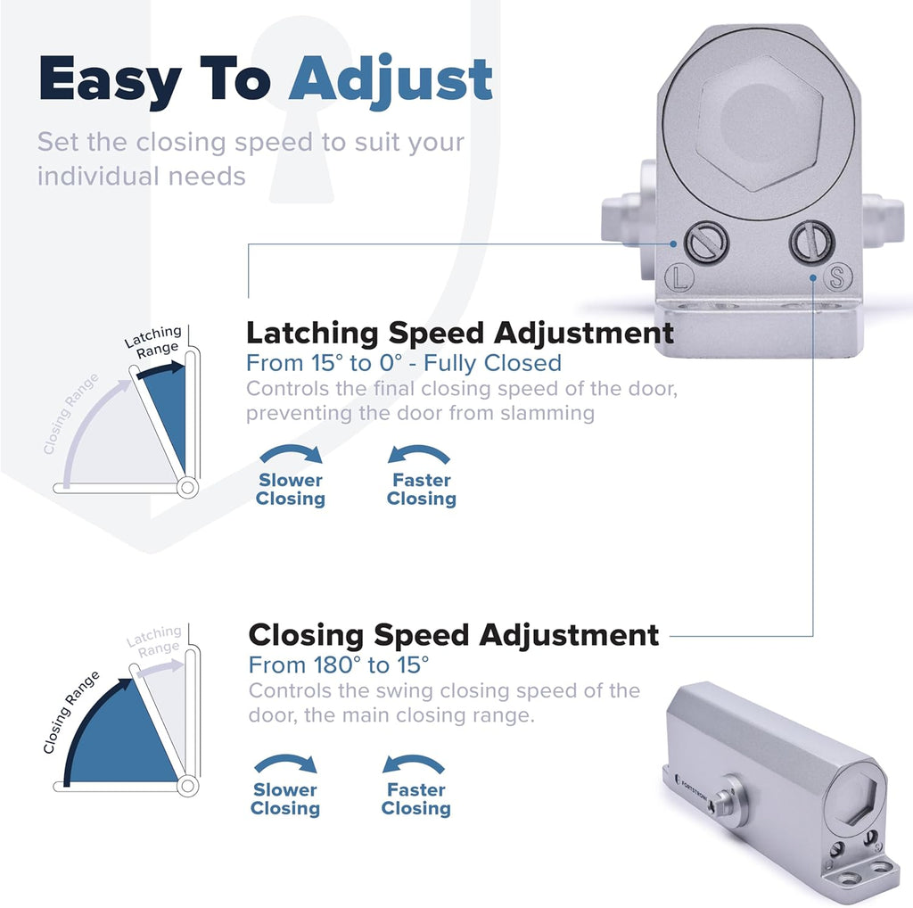 automatic door closer (silver), fs-1306 residential hydraulic auto showing dimensions