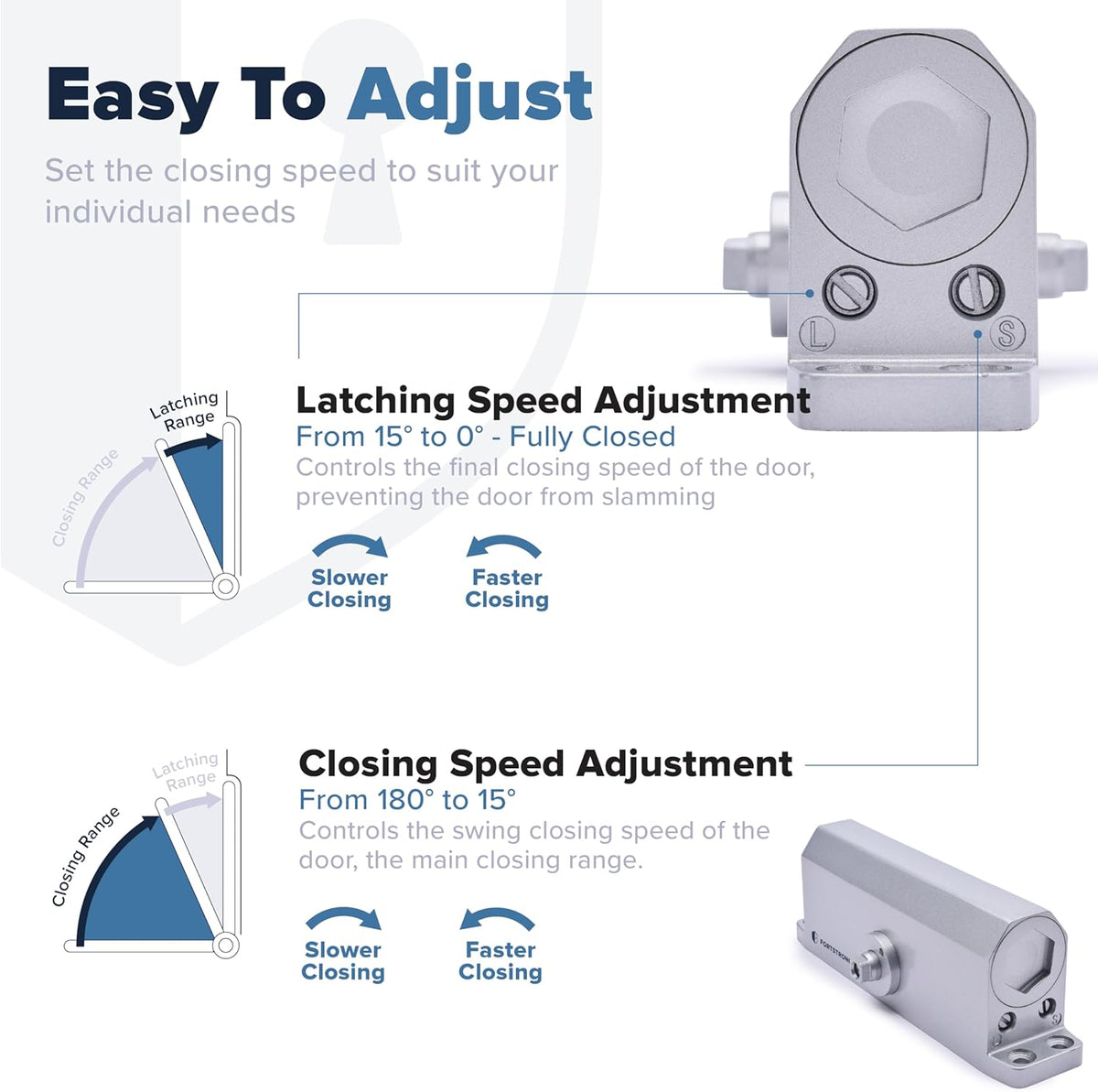 automatic door closer (silver), fs-1306 residential hydraulic auto showing dimensions