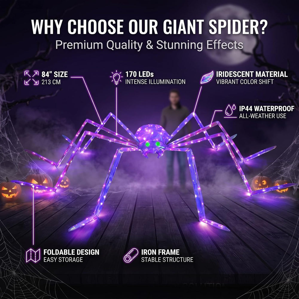 7FT Giant Halloween Spider Decorations Outdoor – Prismatic Iridescent Light-U...